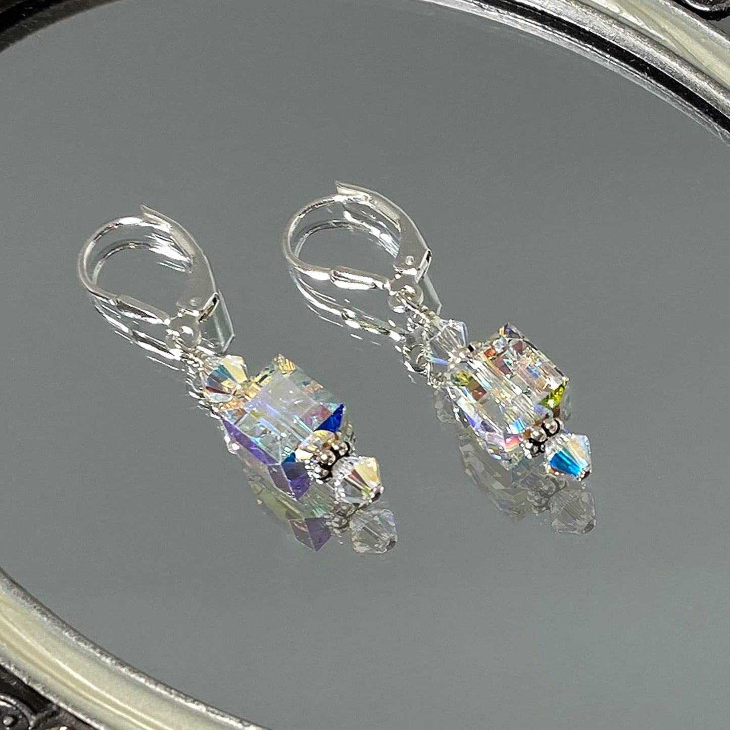 Handmade Cube Clear Austrian Crystals Leverback Drop Sterling Silver Earrings Apparel & Accessories > Jewelry > Earrings Gem Avenue