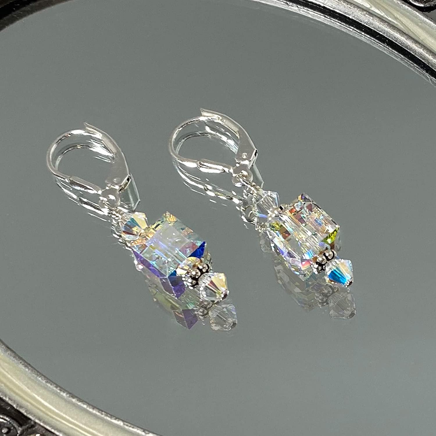 Handmade Cube Clear Austrian Crystals Leverback Drop Sterling Silver Earrings Apparel & Accessories > Jewelry > Earrings Gem Avenue