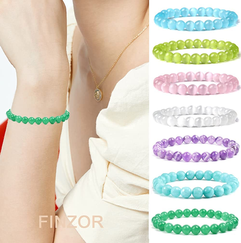 FINZOR 12 Pcs 8Mm Gemstones Beaded Bracelets for Women Men Stone Bead Healing Stretch round Bead Crystal Semi-Precious Bracelets Unisex Apparel & Accessories > Jewelry > Bracelets FINZOR