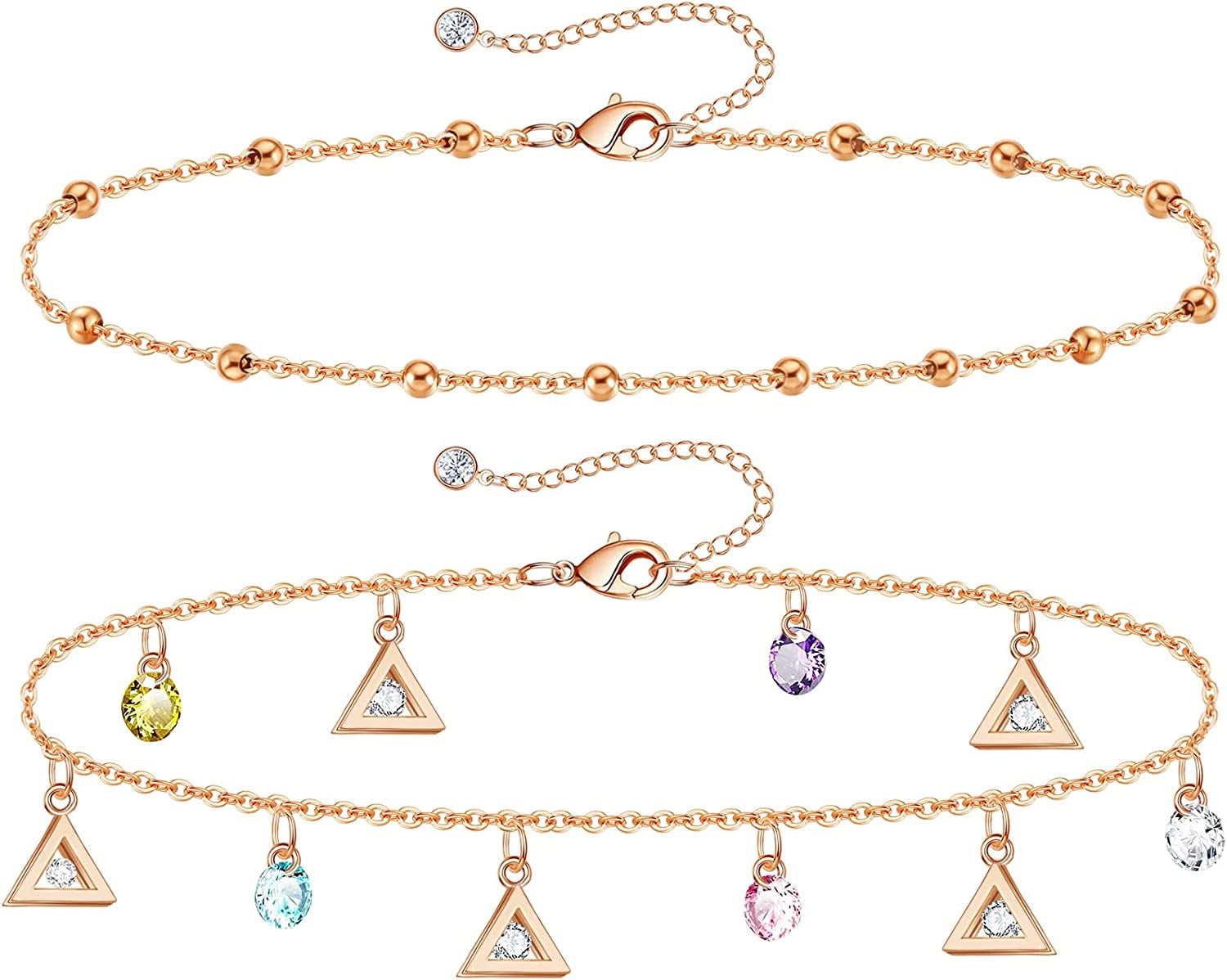 Gold Ankle Bracelets for Women 14K Gold Plated Anklet Silver Tennis Rose Quartz Cross Bead Herringbone Snake Paperclip Chain Cubic Zirconia Dainty Layered Anklet Set 3Pcs Apparel & Accessories > Jewelry > Anklets WeSparking ZI-Rose Gold-Triangle