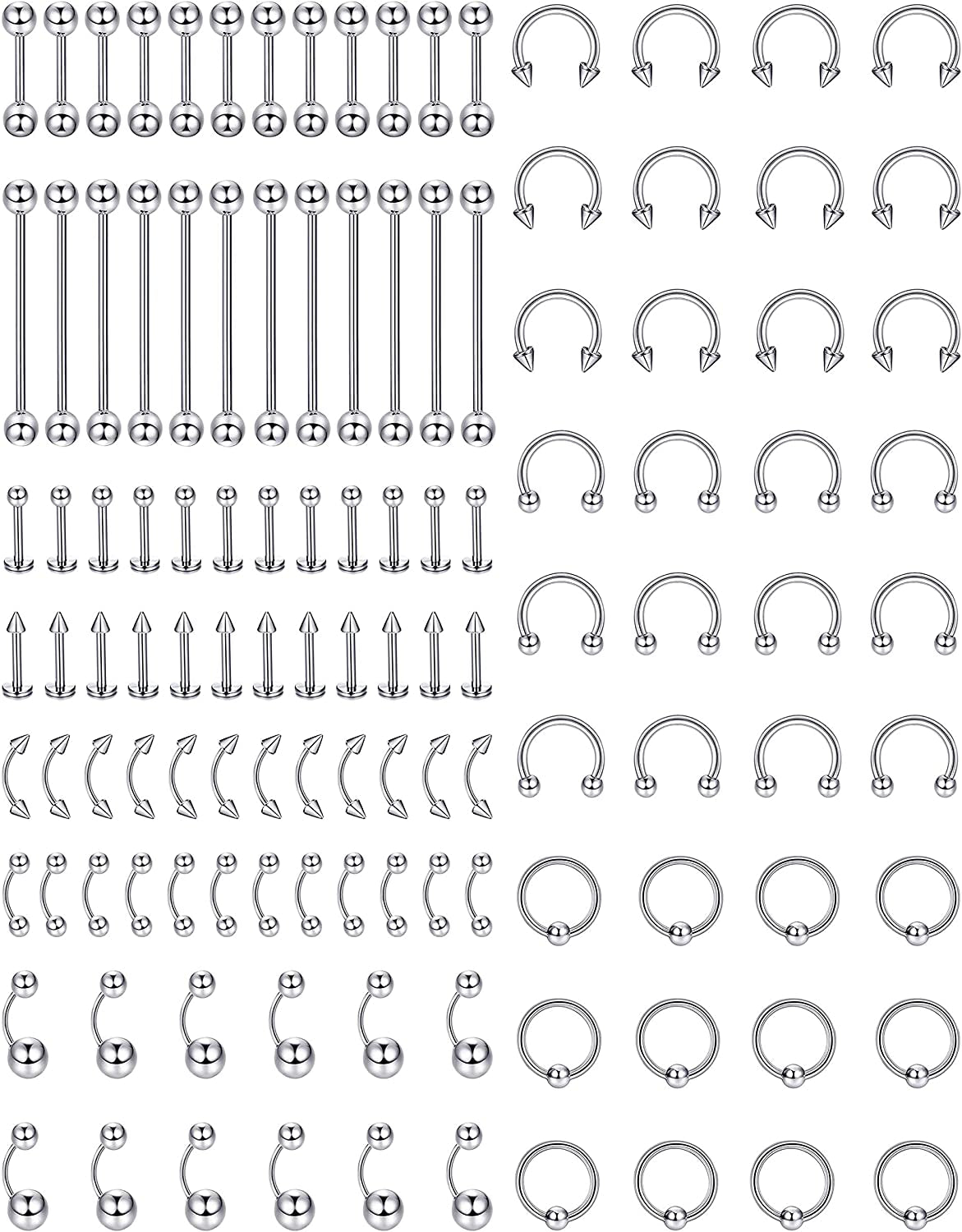 Jstyle 120Pcs Body Jewelry Piercing Lot Stainless Steel Nose Horseshoe Lip Tongue Eyebrow Tragus Body Piercing Navel Belly Ring Barbells 14G-16G Apparel & Accessories > Jewelry > Rings Jstyle