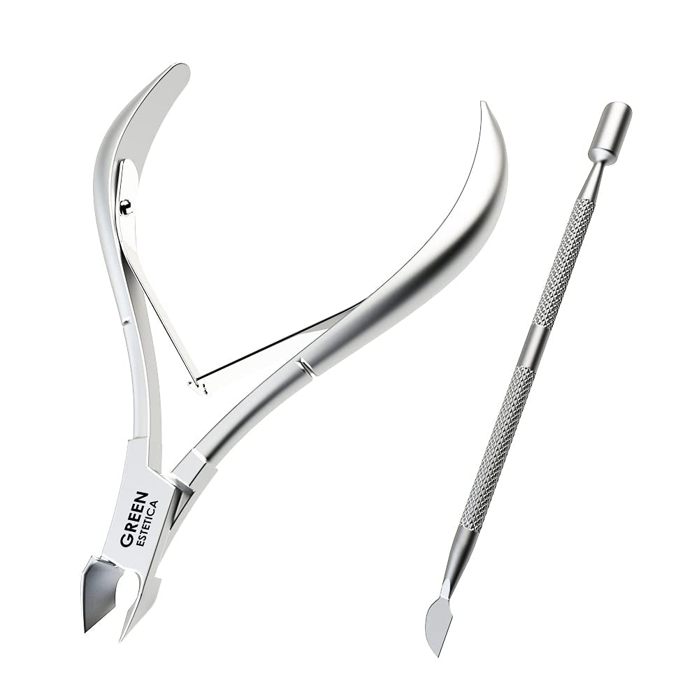 Nail Cuticle Trimmer Professional Cuticle Cutter Stainless Steel Cuticle Nippers with Sharp Blades and Double Spring Cuticle Clippers for Nail Care Pedicure Manicure Nail Tools (Silver) Health & Beauty > Personal Care > Cosmetics > Cosmetic Tools > Nail Tools GREEN ESTETICA Silver Nipper with Pusher - Pack of 2