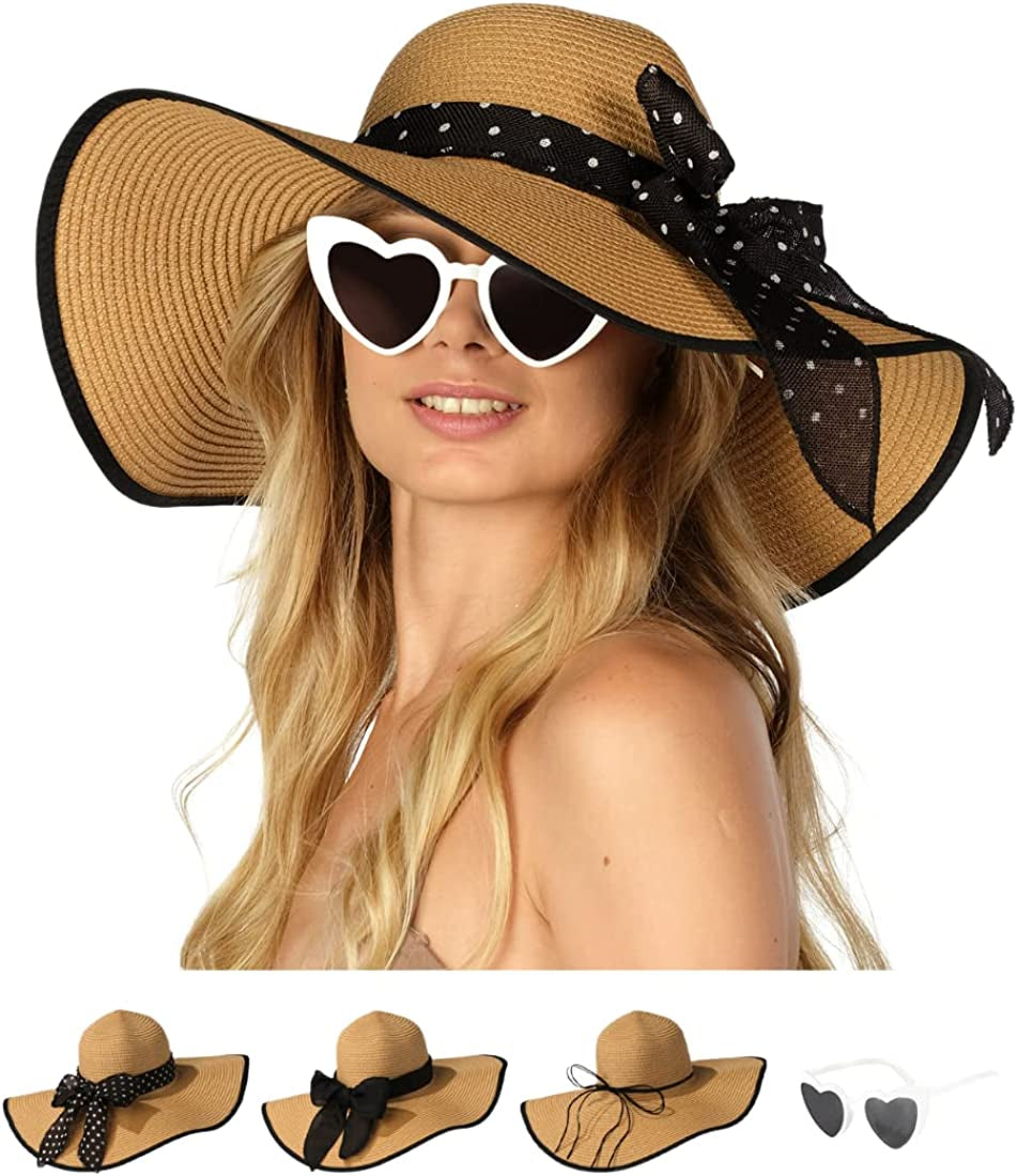 Funcredible Wide Brim Sun Hats for Women - Floppy Straw Hat with Heart Shape Glasses Apparel & Accessories > Clothing Accessories > Hats Funcredible Multi-khaki