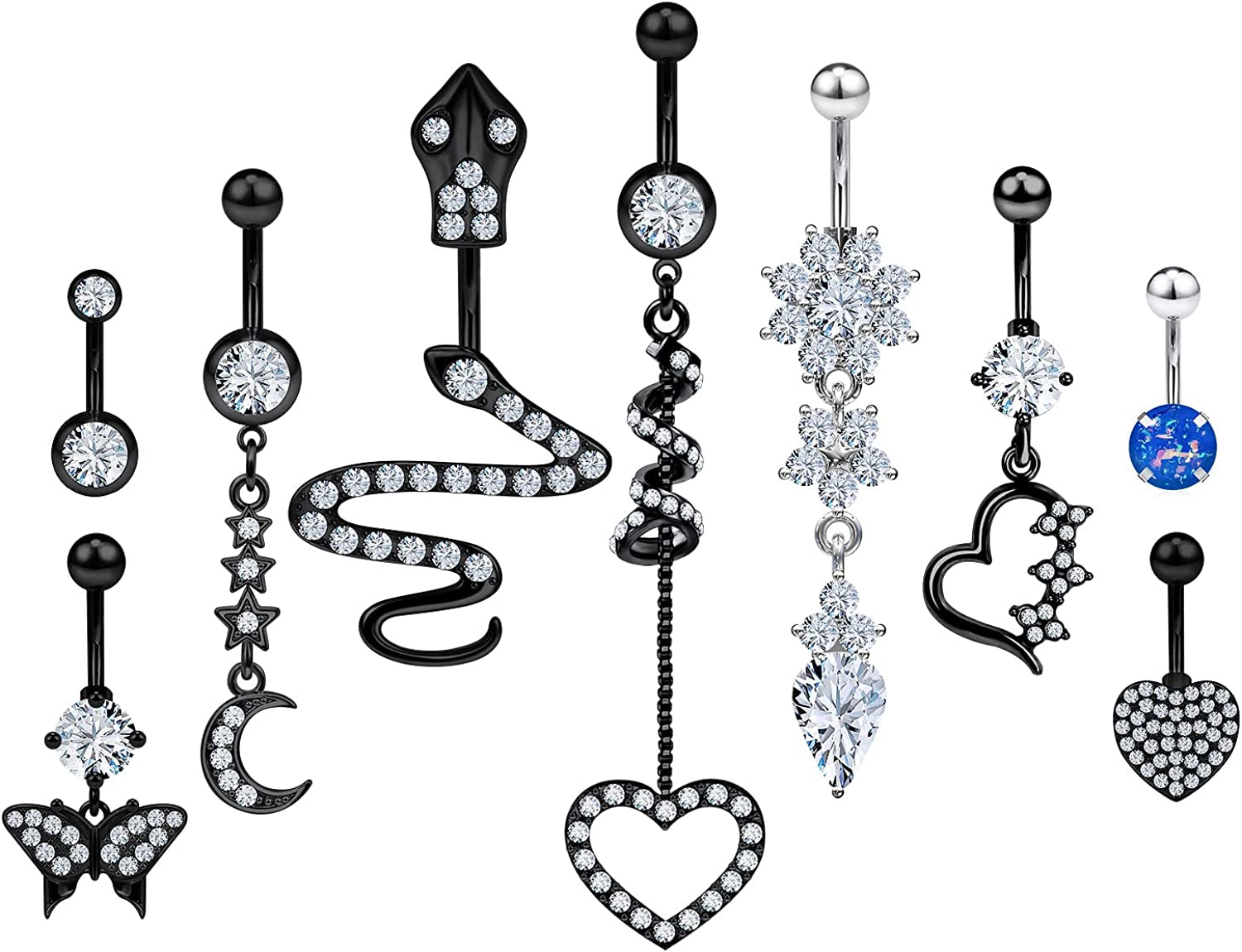 Rksndnn 14G Belly Button Rings Dangle for Women Stainless Steel Belly Rings Belly Piercing Jewelry Snake Reverse Spiral with Clear Cz Navel Rings Belly Button Ring Belly Ring Body Piercing Jewelry Apparel & Accessories > Jewelry > Rings Generic Stainless Steel,Clear