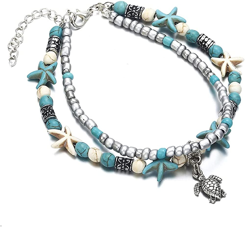 Softones Blue Starfish Turtle Anklet Multilayer Charm Beads Sea Handmade Boho Anklet Foot Jewelry for Women Girl Apparel & Accessories > Jewelry > Anklets Softones A:Turtle 1