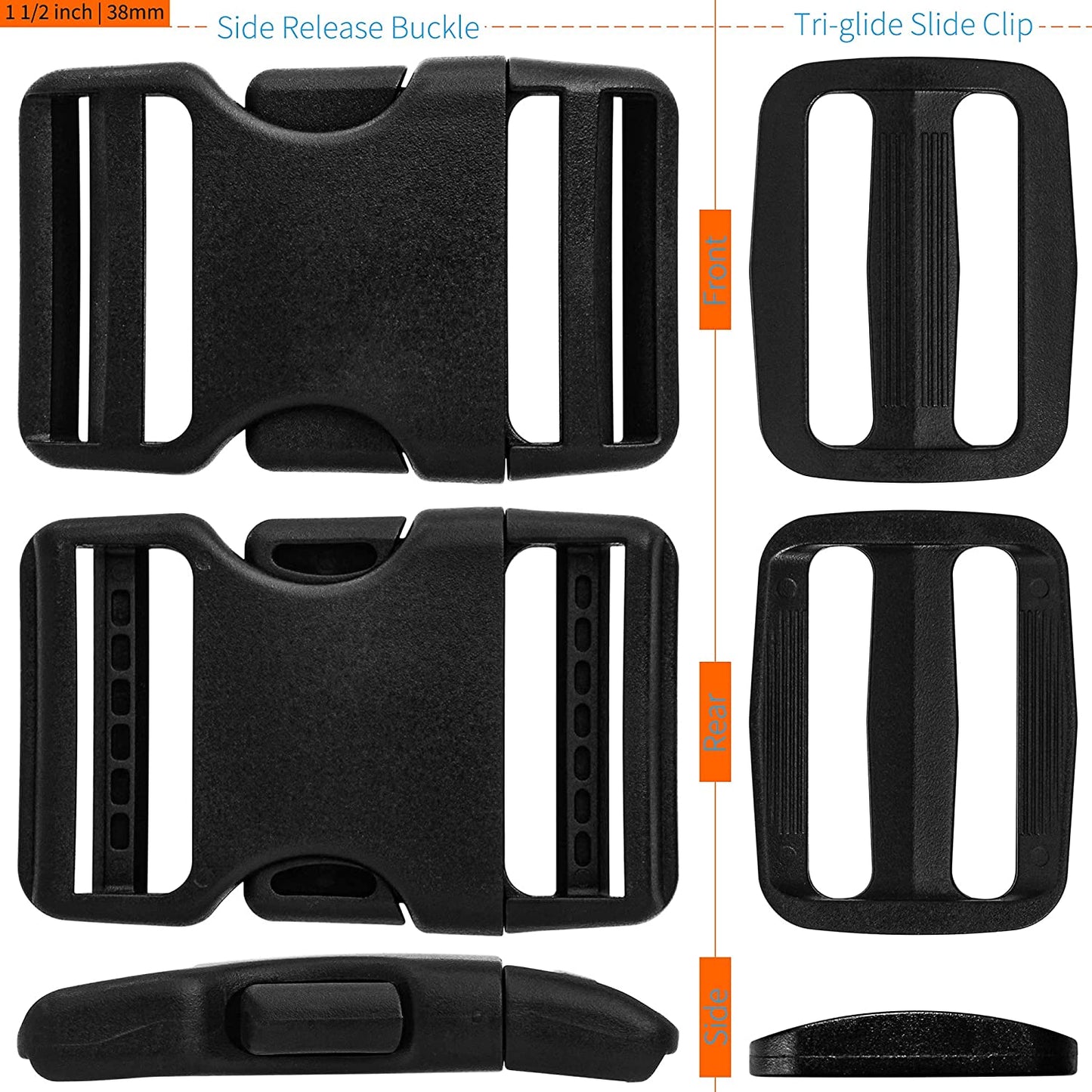Buckle for Strap 1.5": Side Release Buckles Plastic Clips 4 Set + Tri-Glide Slide 8 Pcs Fit 1 1/2 Inch Wide Nylon Straps Webbing Belt, Heavy Duty Replacement for Backpack, Dual Adjustable No Sewing Apparel & Accessories > Clothing Accessories > Belt Buckles LASIGHT