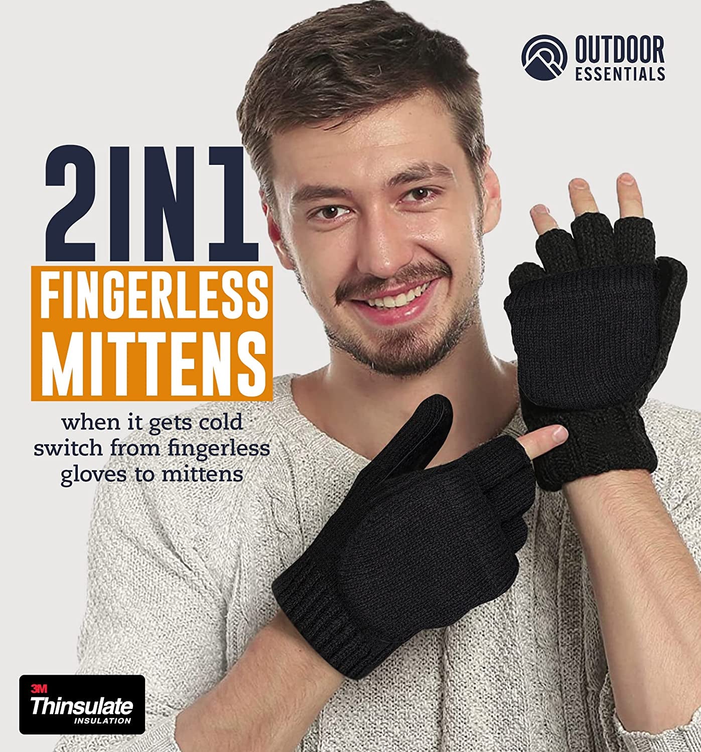 Fingerless Winter Gloves Convertible Wool Mittens for Men & Women - Warm Thermal Knit Flip Top Snow Glove for Cold Weather Apparel & Accessories > Clothing Accessories > Gloves & Mittens OutdoorEssentials