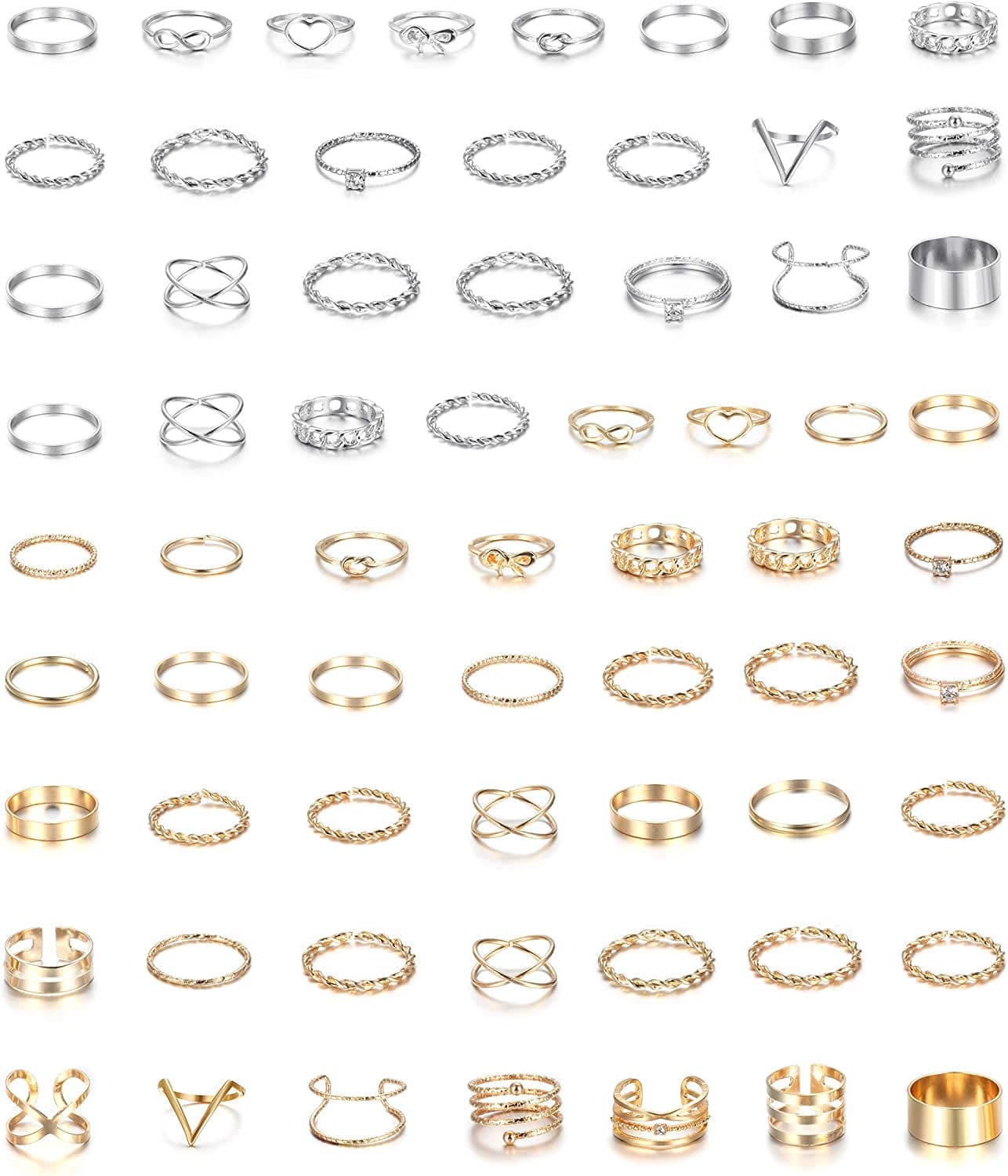 65PCS Bohemian Knuckle Ring Midi Ring Set Hollow Silver Gold Vintage Stackable Rings Fashion Finger Knuckle Midi Rings for Women 65pcs a set