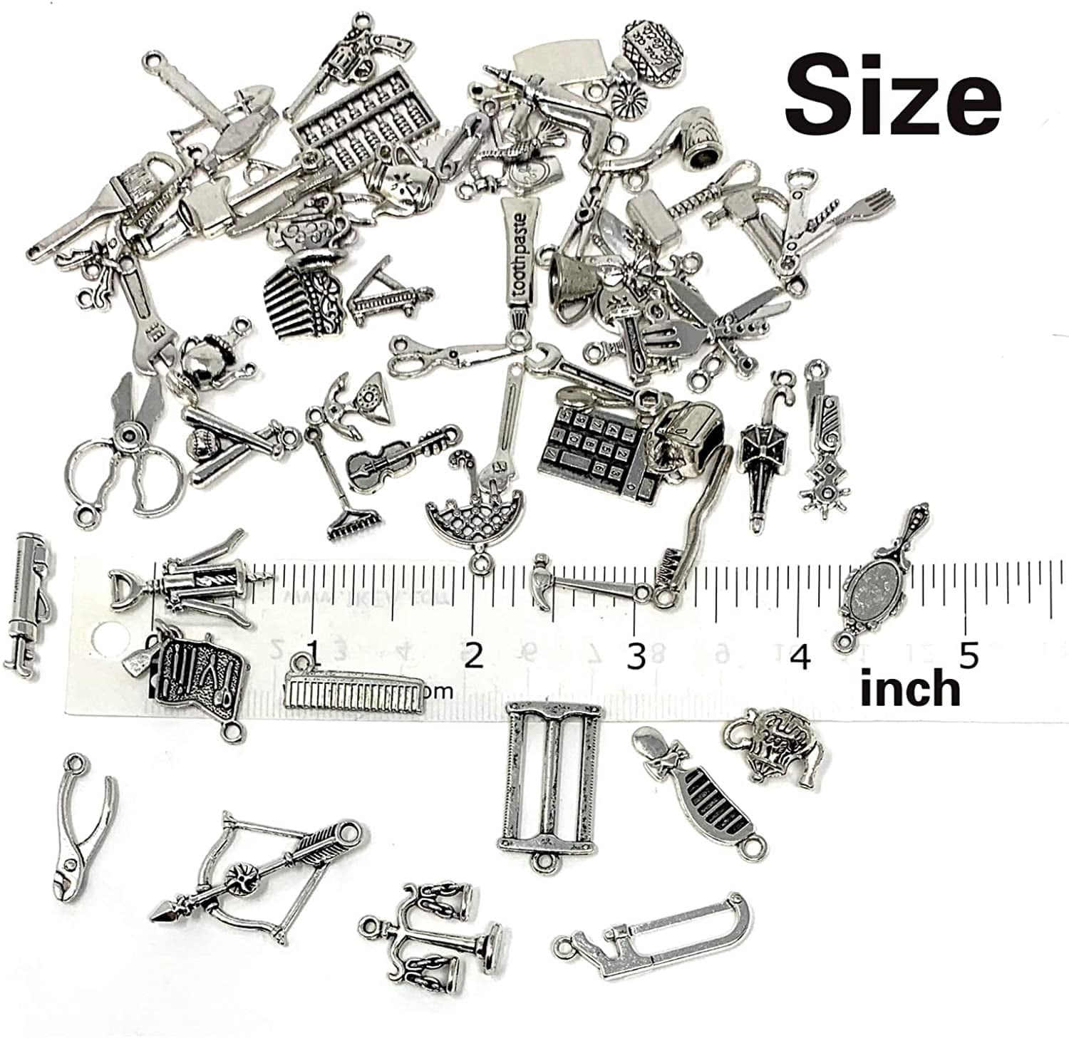 65PCS Home Tool Charms Collection, Wholesale Bulk Lots Antique Silver Tibetan Alloy Worker 3D Tools Charms Pendants DIY for Jewelry Making and Crafting