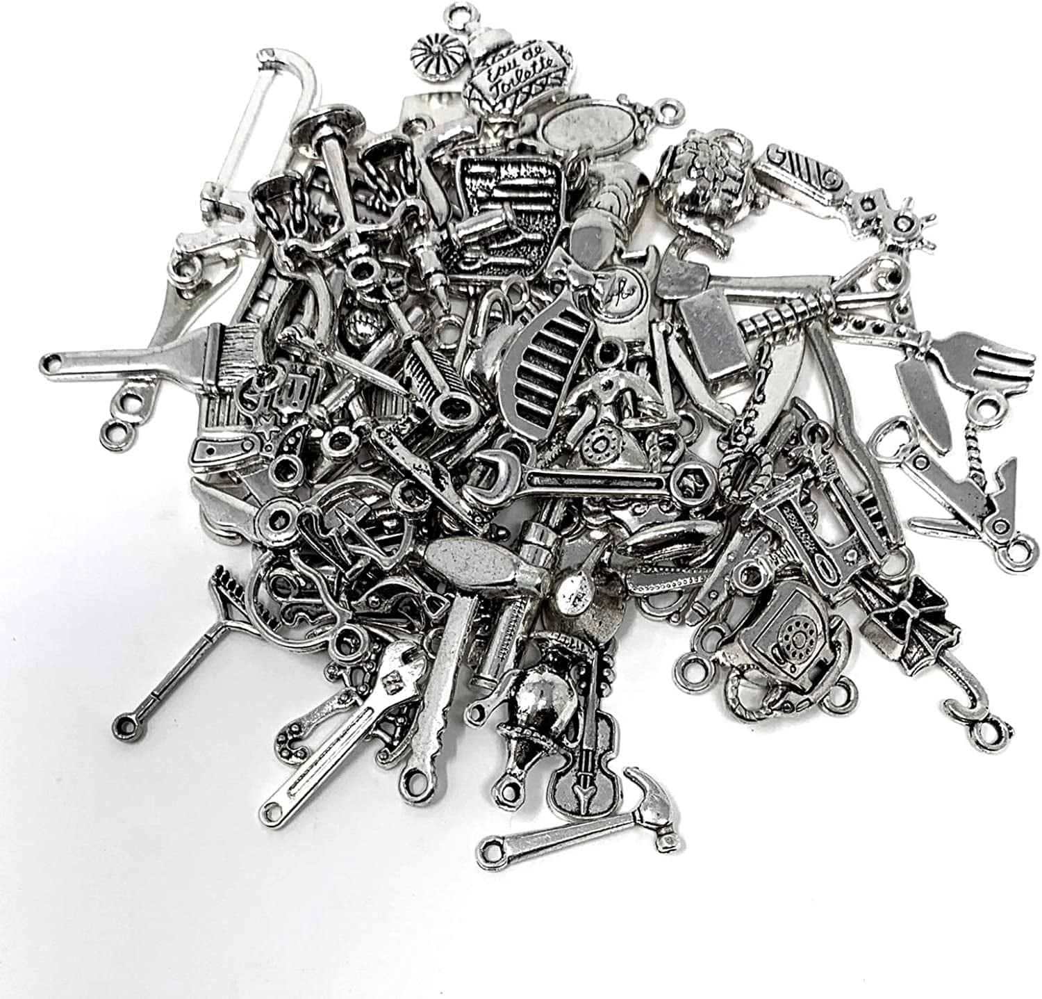 65PCS Home Tool Charms Collection, Wholesale Bulk Lots Antique Silver Tibetan Alloy Worker 3D Tools Charms Pendants DIY for Jewelry Making and Crafting