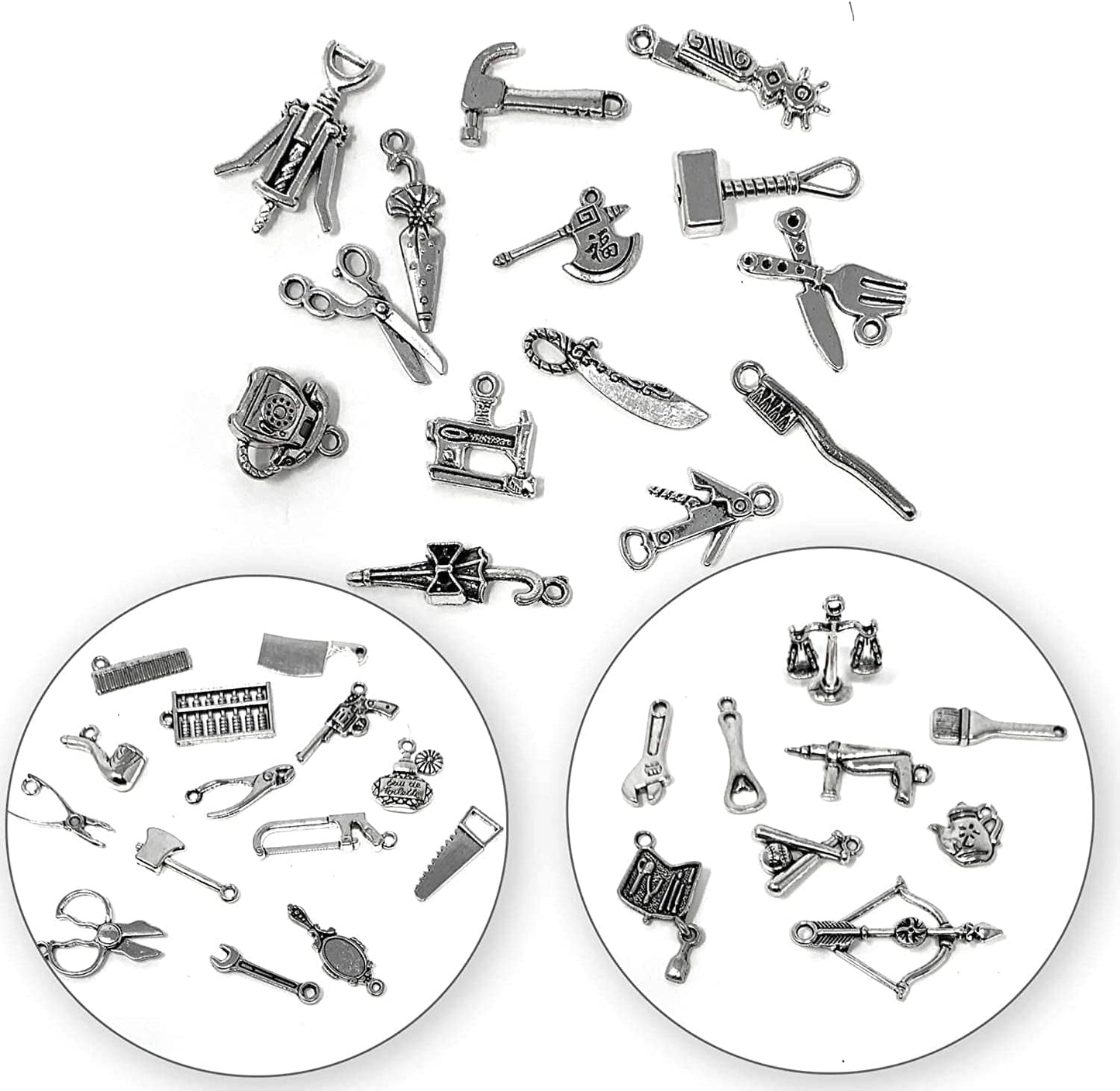 65PCS Home Tool Charms Collection, Wholesale Bulk Lots Antique Silver Tibetan Alloy Worker 3D Tools Charms Pendants DIY for Jewelry Making and Crafting