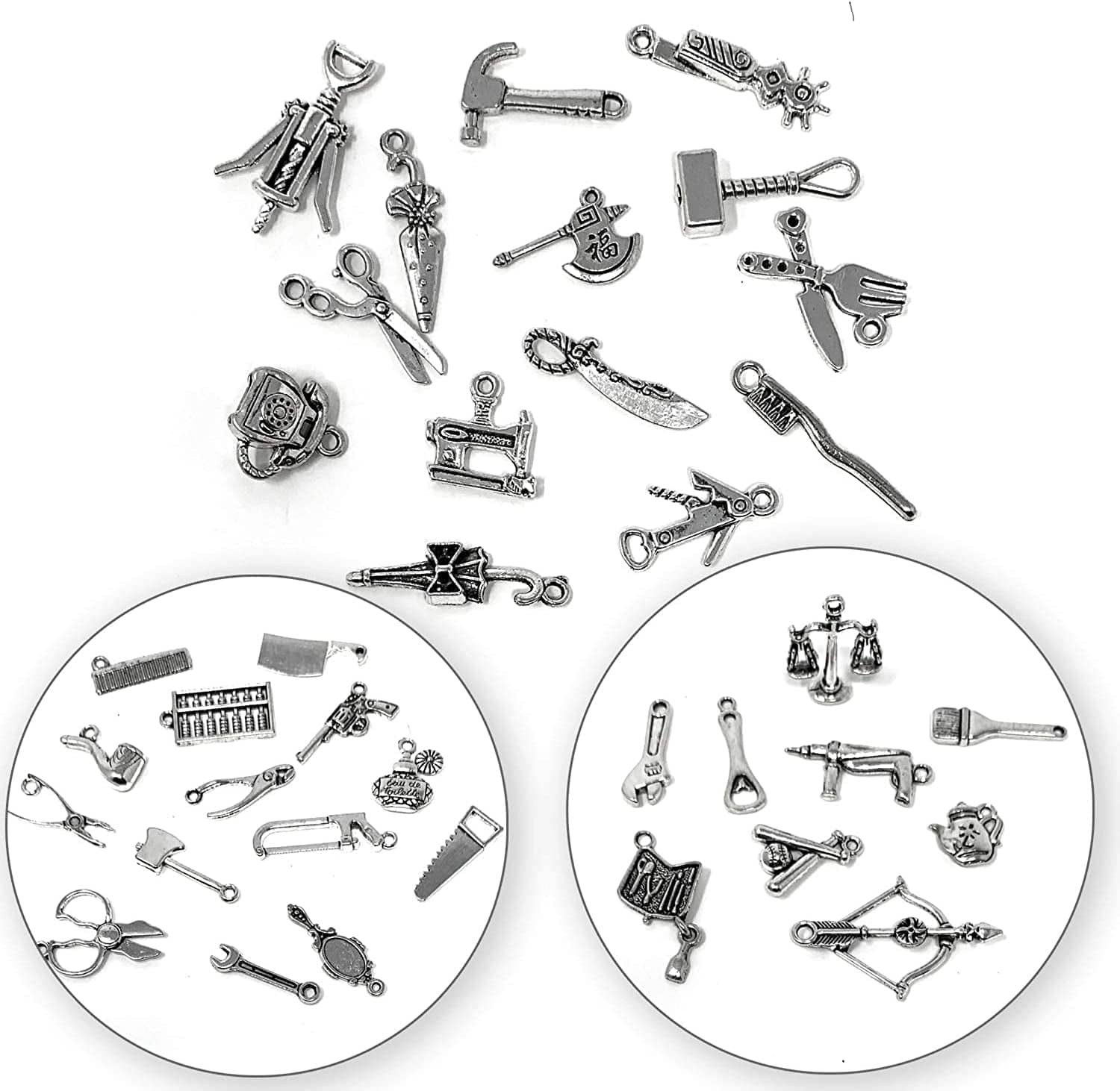 65PCS Home Tool Charms Collection, Wholesale Bulk Lots Antique Silver Tibetan Alloy Worker 3D Tools Charms Pendants DIY for Jewelry Making and Crafting