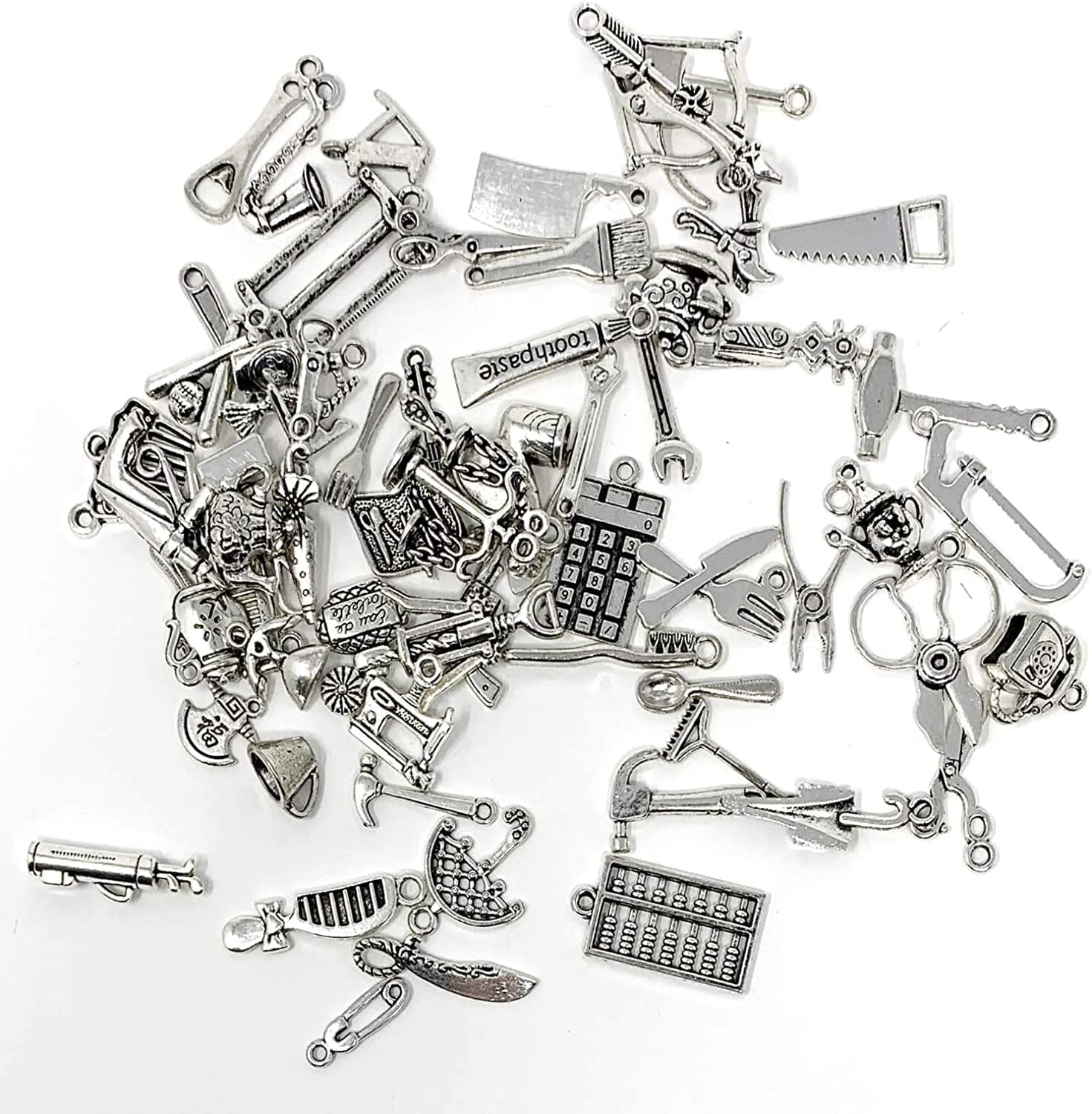 65PCS Home Tool Charms Collection, Wholesale Bulk Lots Antique Silver Tibetan Alloy Worker 3D Tools Charms Pendants DIY for Jewelry Making and Crafting