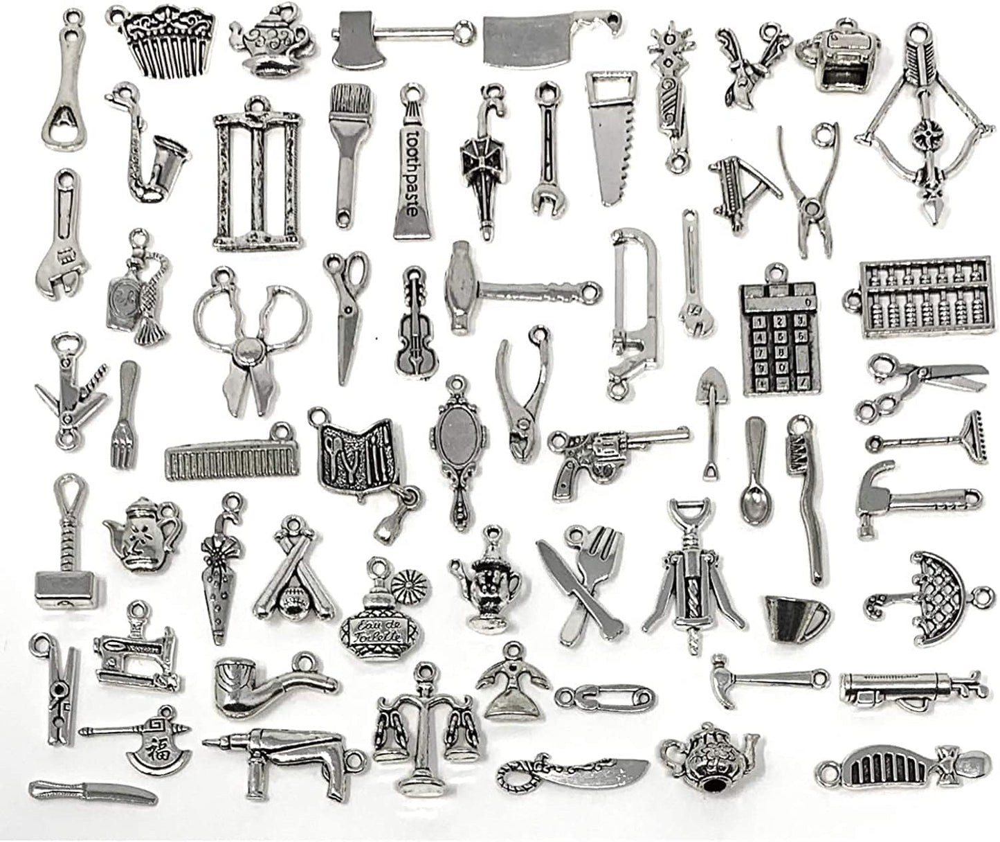 65PCS Home Tool Charms Collection, Wholesale Bulk Lots Antique Silver Tibetan Alloy Worker 3D Tools Charms Pendants DIY for Jewelry Making and Crafting
