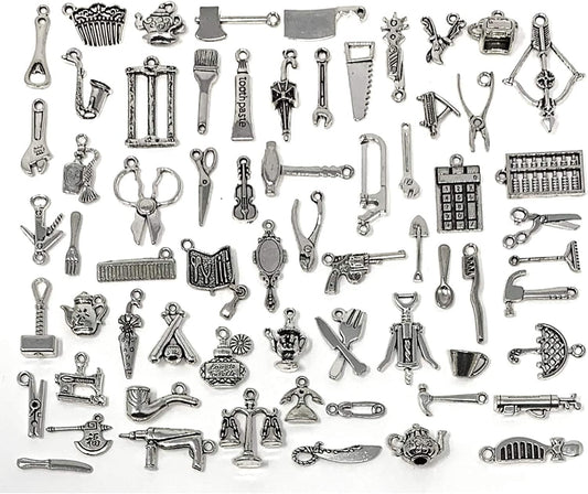 65PCS Home Tool Charms Collection, Wholesale Bulk Lots Antique Silver Tibetan Alloy Worker 3D Tools Charms Pendants DIY for Jewelry Making and Crafting
