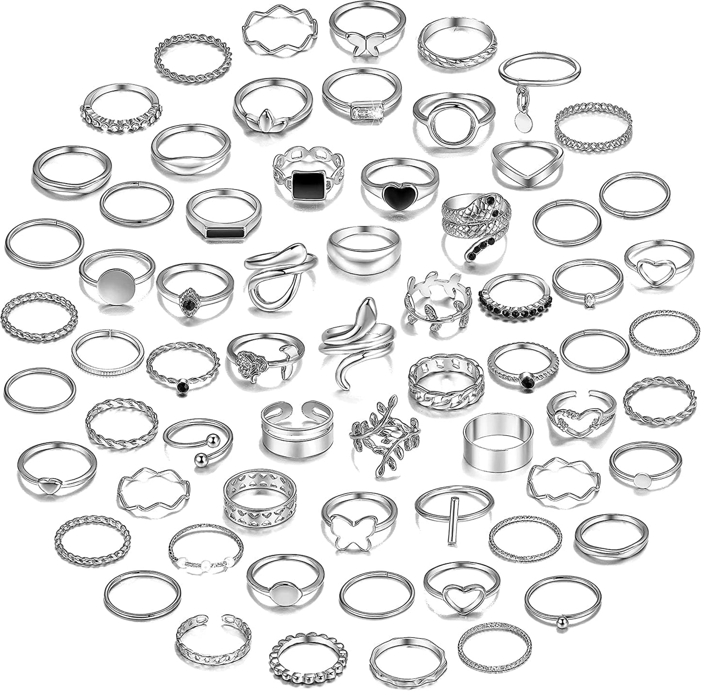 66 Pcs Gold Knuckle Rings Set for Women, Vintage Stackable Rings, Boho Snake Finger Rings, Trendy Midi Rings Pack for Teen Girls B-Silver Ring Set