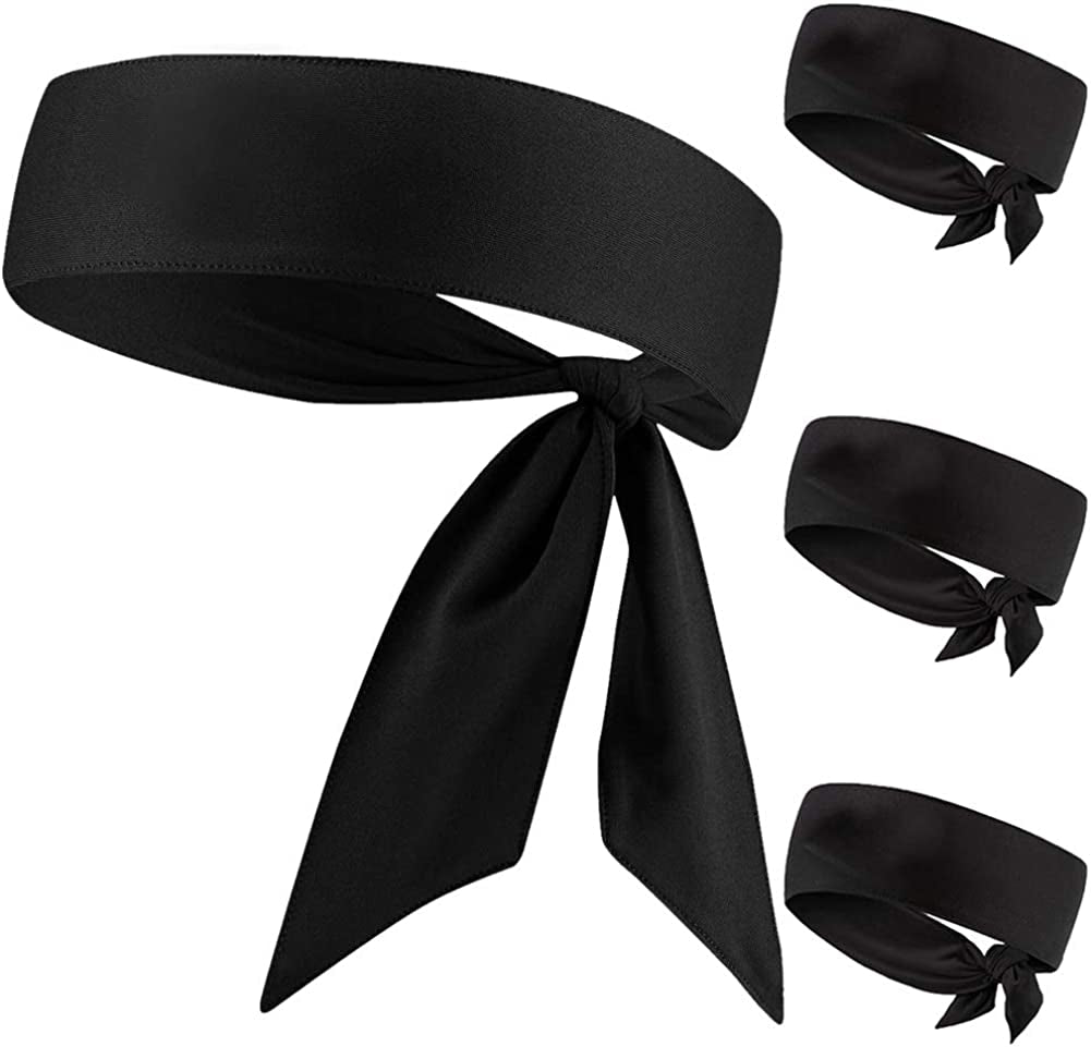 Sweat Wicking Head Tie, Tie Back Headband, Tie up Hair Band for Men Women Kids Girls Boys, Athletic Ninja Sweatband Head Wraps, Pirates Bandana Headwrap for Tennis, Workout Apparel & Accessories > Clothing Accessories > Bandanas & Headties JHYWELL Black 4 Pack