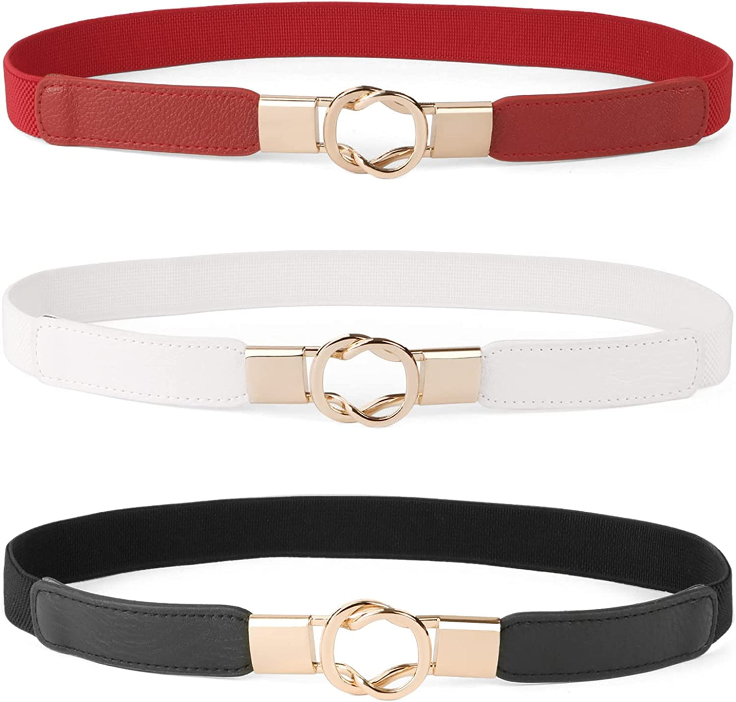 JASGOOD 2 Pack 3 Pack Women Retro Elastic Stretchy Metal Buckle Skinny Waist Belt 1 Inch Wide Apparel & Accessories > Clothing Accessories > Belts KYLIE MAX K-black+white+red FIts Waist 35"-38"