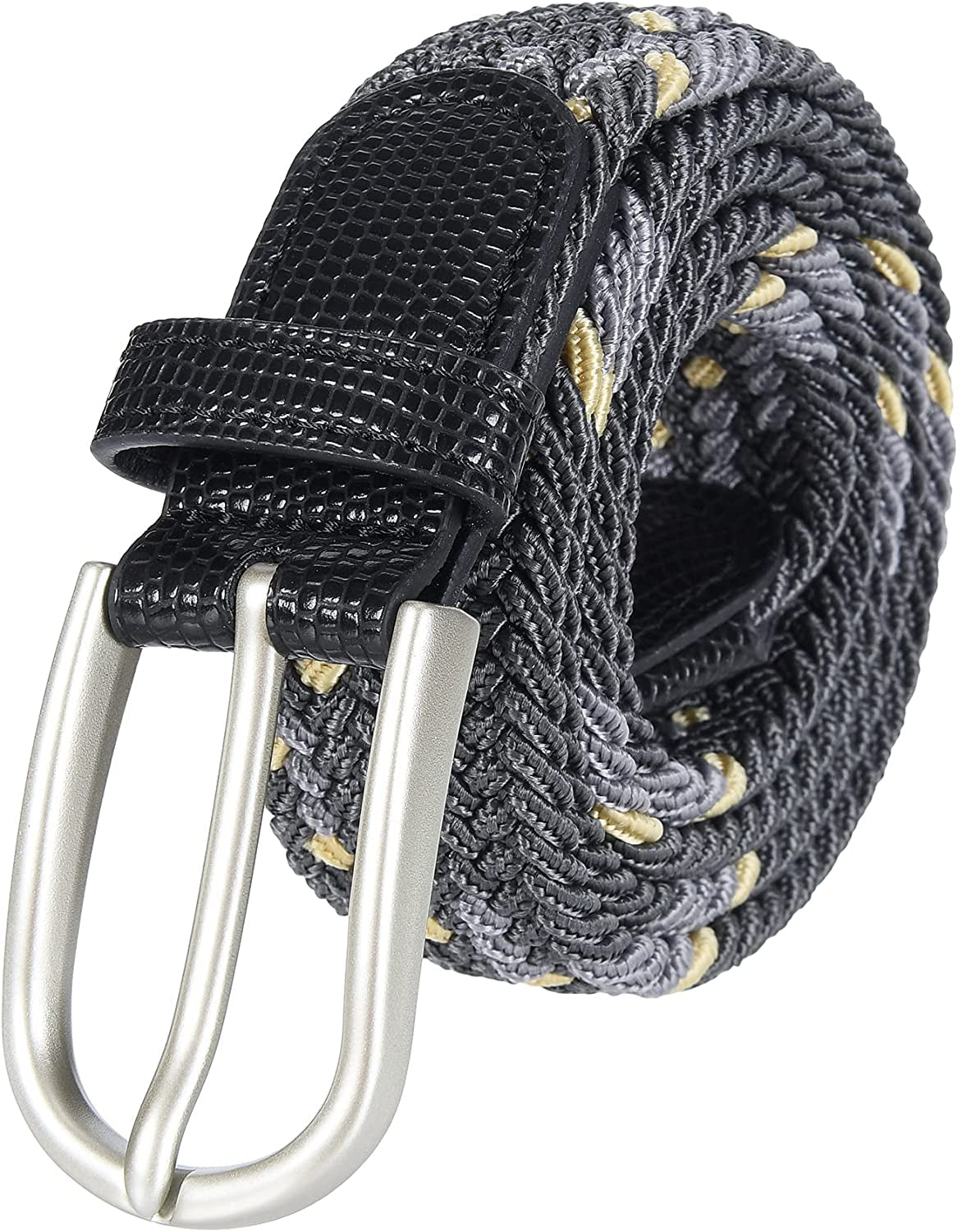Univo Colors Multicolor Braided Elastic Stretch Belt Oval Pin Buckle Leather Loop End Tip for Women Girls Child Junior Men Apparel & Accessories > Clothing Accessories > Belts univo colors Grey Yellow XS( 28"-30" Waist)