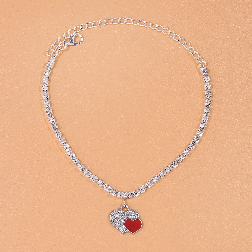 Rhinestone Heart Ankle Bracelets for Women Girls Crystal Tennis Chain Anklet Love Heart Foot Jewelry Beach Hip Hop Jewelry Apparel & Accessories > Jewelry > Anklets Fenix-us