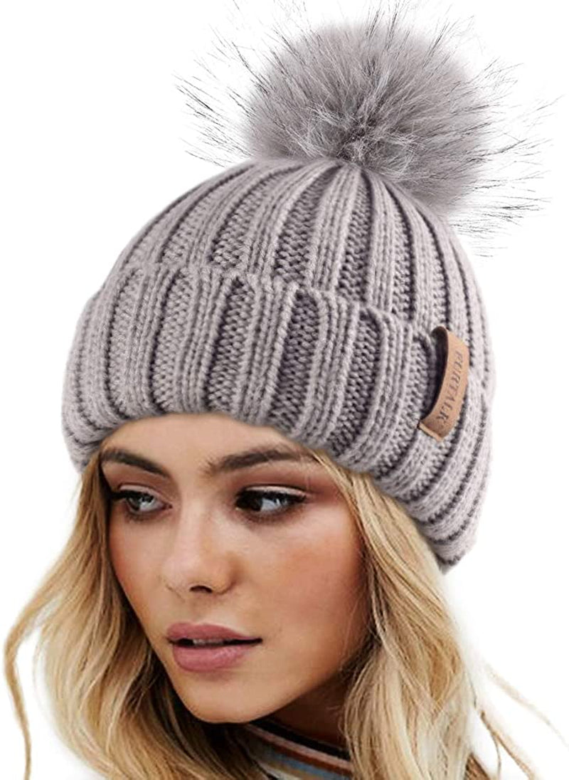 FURTALK Womens Winter Knitted Beanie Hat with Faux Fur Pom Warm Knit Skull Cap Beanie for Women… Apparel & Accessories > Clothing Accessories > Hats KYLIE MAX 05-fog Gray