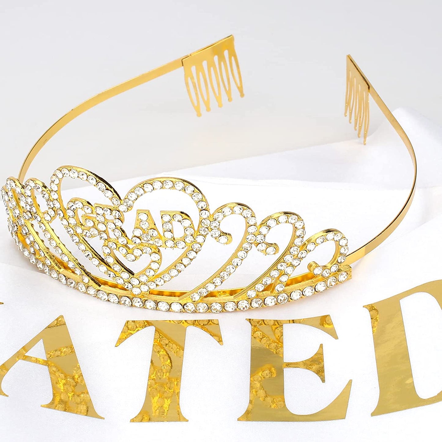 CAVETEE Gold Graduate Crown and Sash Congratulations Graduate 2022 Grad Party Decorations 2022 Graduate Crowns for Women Grad Tiara and I Graduated Sash for Women Grad Cap Decorations Grad Cap Topper Apparel & Accessories > Clothing Accessories > Sashes CAVETEE