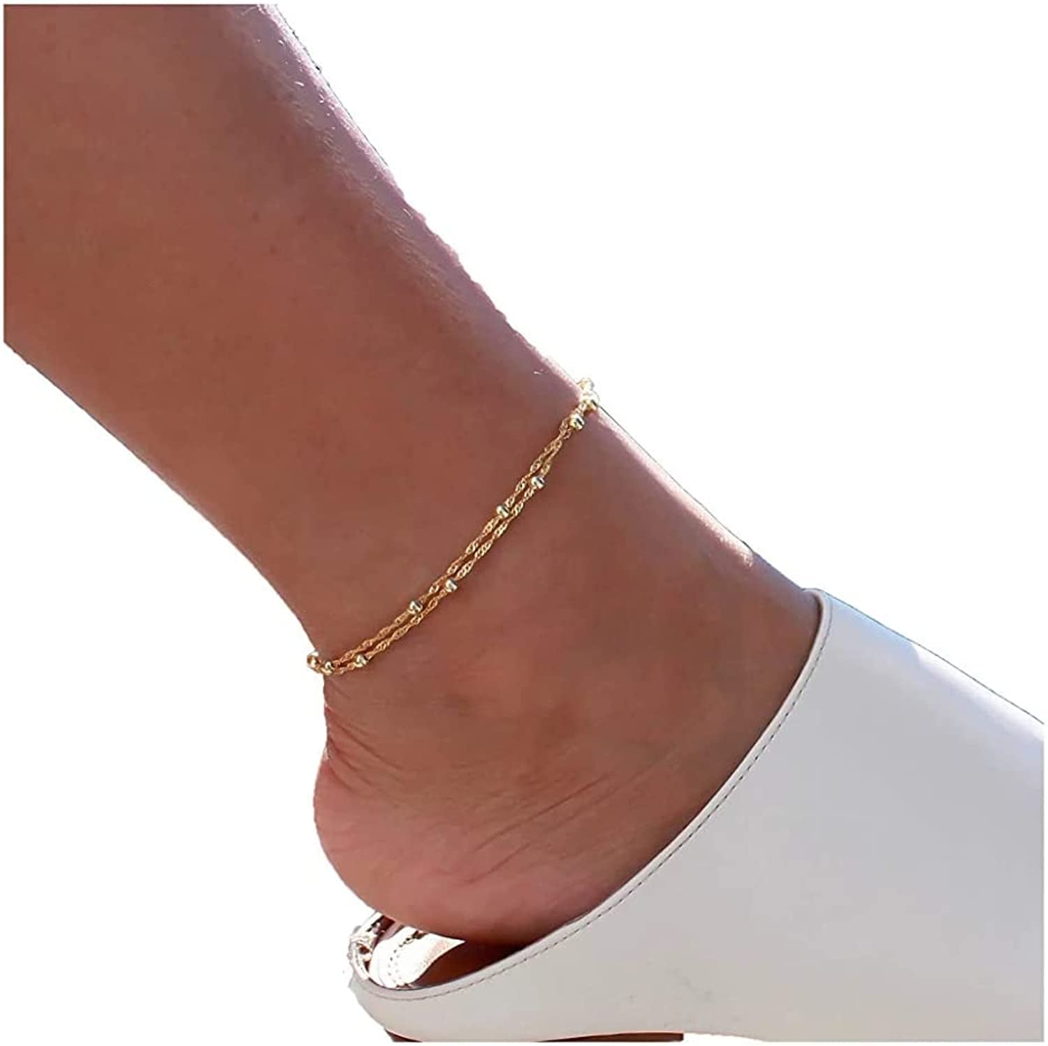 Mevecco Gold Evil Eye Charm Anklet,14K Gold Plated Boho Beach Dainty Cute Tiny Lucky Star Foot Chain Ankle Bracelet Silver Beaded Chain Anklet for Women Apparel & Accessories > Jewelry > Anklets MEVECCO Wave Bead
