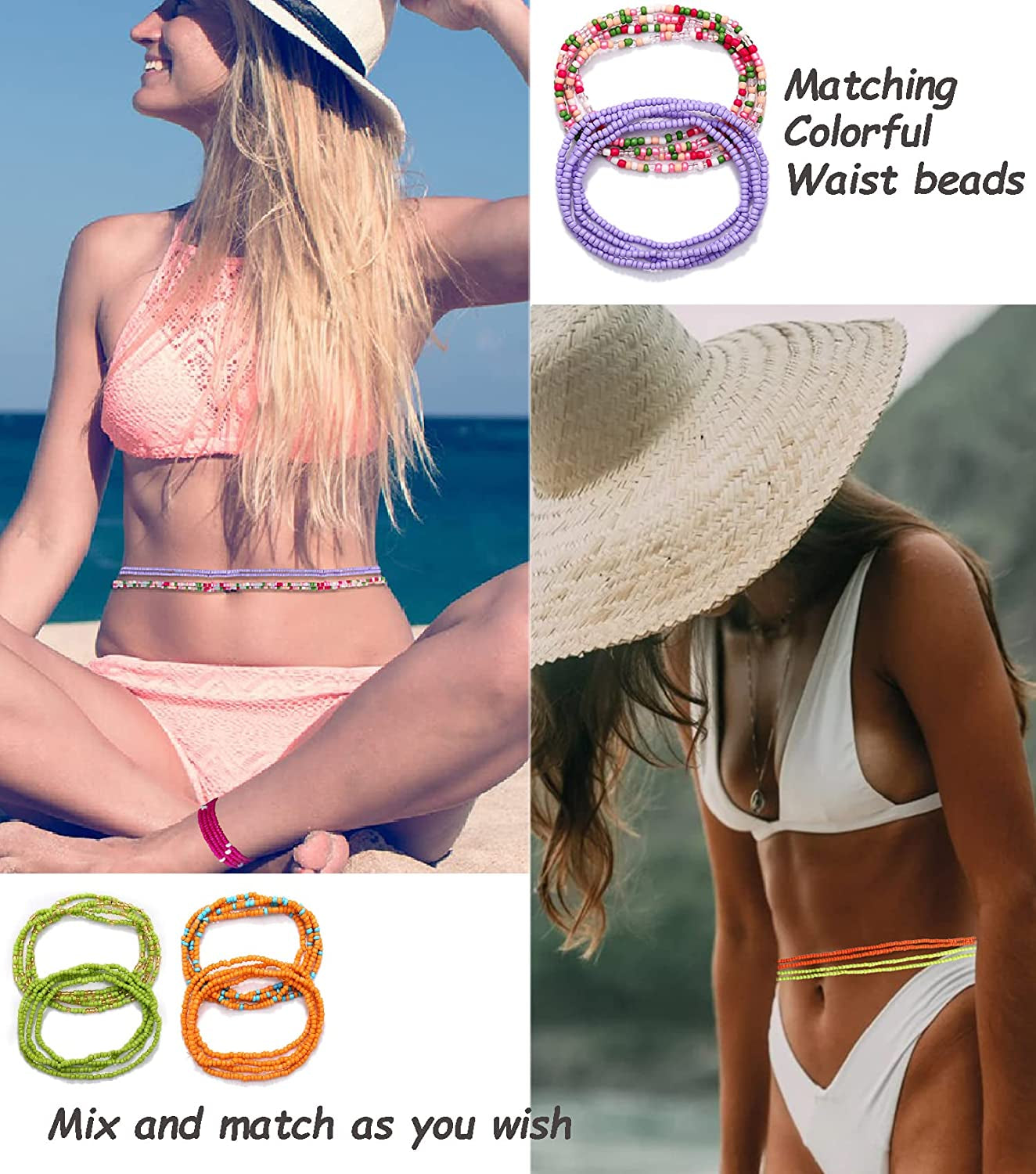 KOHOTA 32PCS Waist Bead for Women Summer Body Chain African Belly Beads Bikini Jewelry Colorful Stretchy Elastic String Chains Apparel & Accessories > Jewelry > Body Jewelry Sunmoon