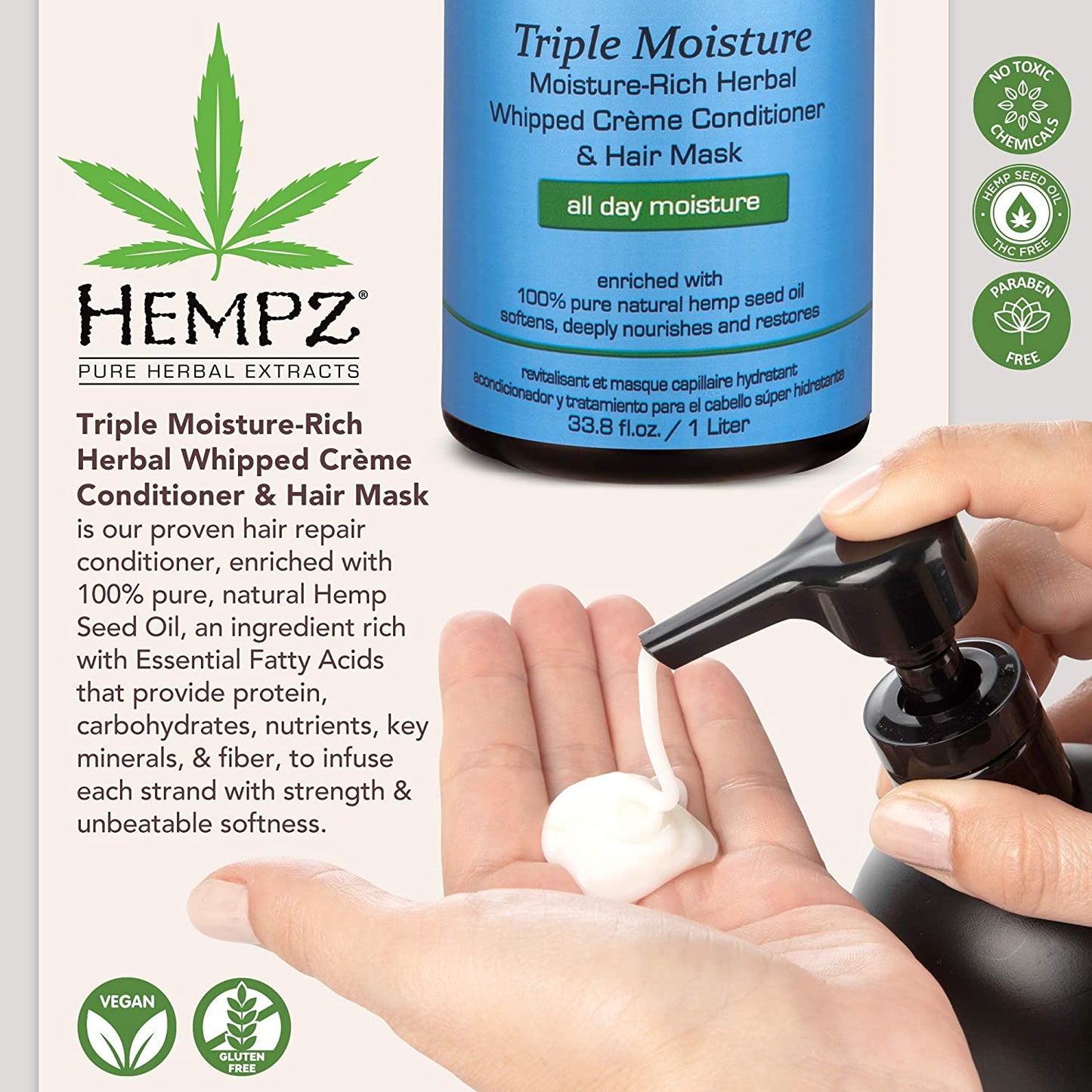 Hempz Triple Moisture-Rich Herbal Whipped Creme Conditioner and Hair Mask for Women and Men, 33.8 Oz. - Premium, Natural Moisturizing Conditioners to Repair Dry, Damaged Hair - Scented Hair Care Health & Beauty > Personal Care > Hair Care Hempz