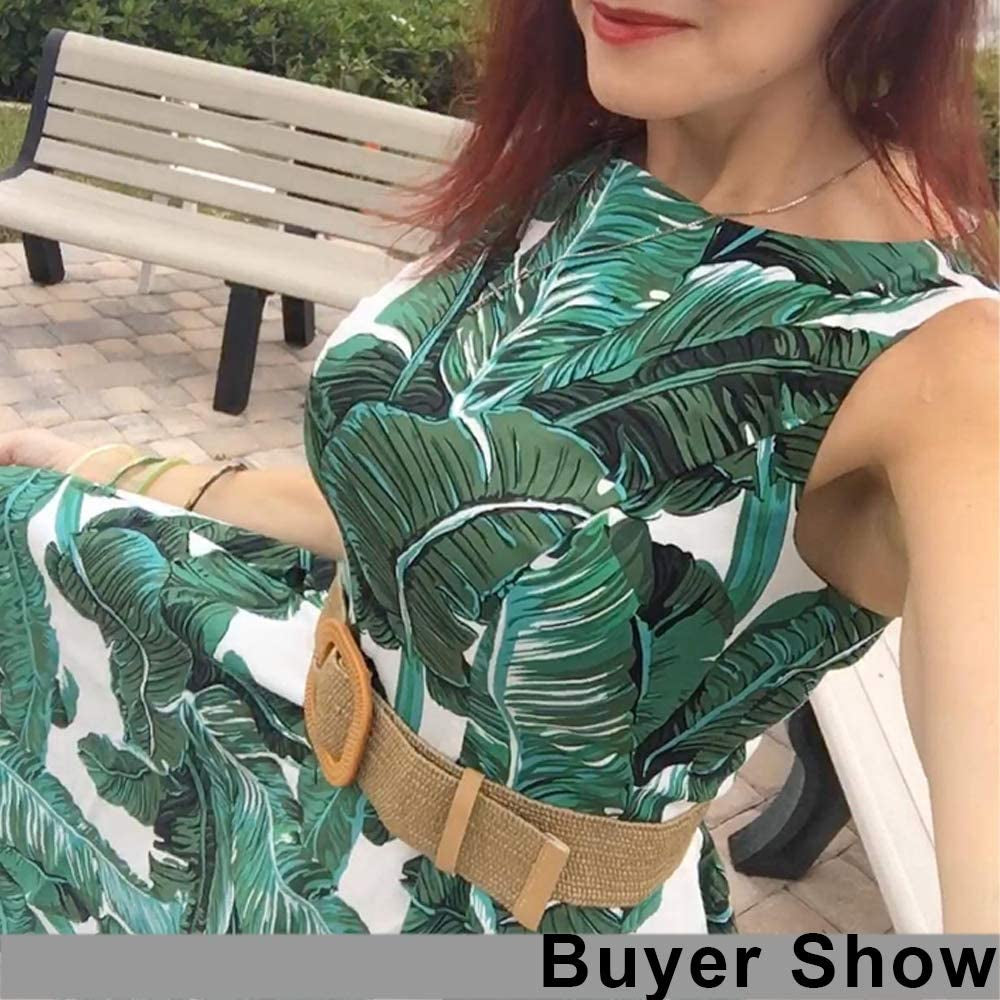 Women Skinny Dress Belt, Fashion Straw Woven Elastic Stretch Waist Band Wood Buckle Belt Apparel & Accessories > Clothing Accessories > Belts YUCFOREN