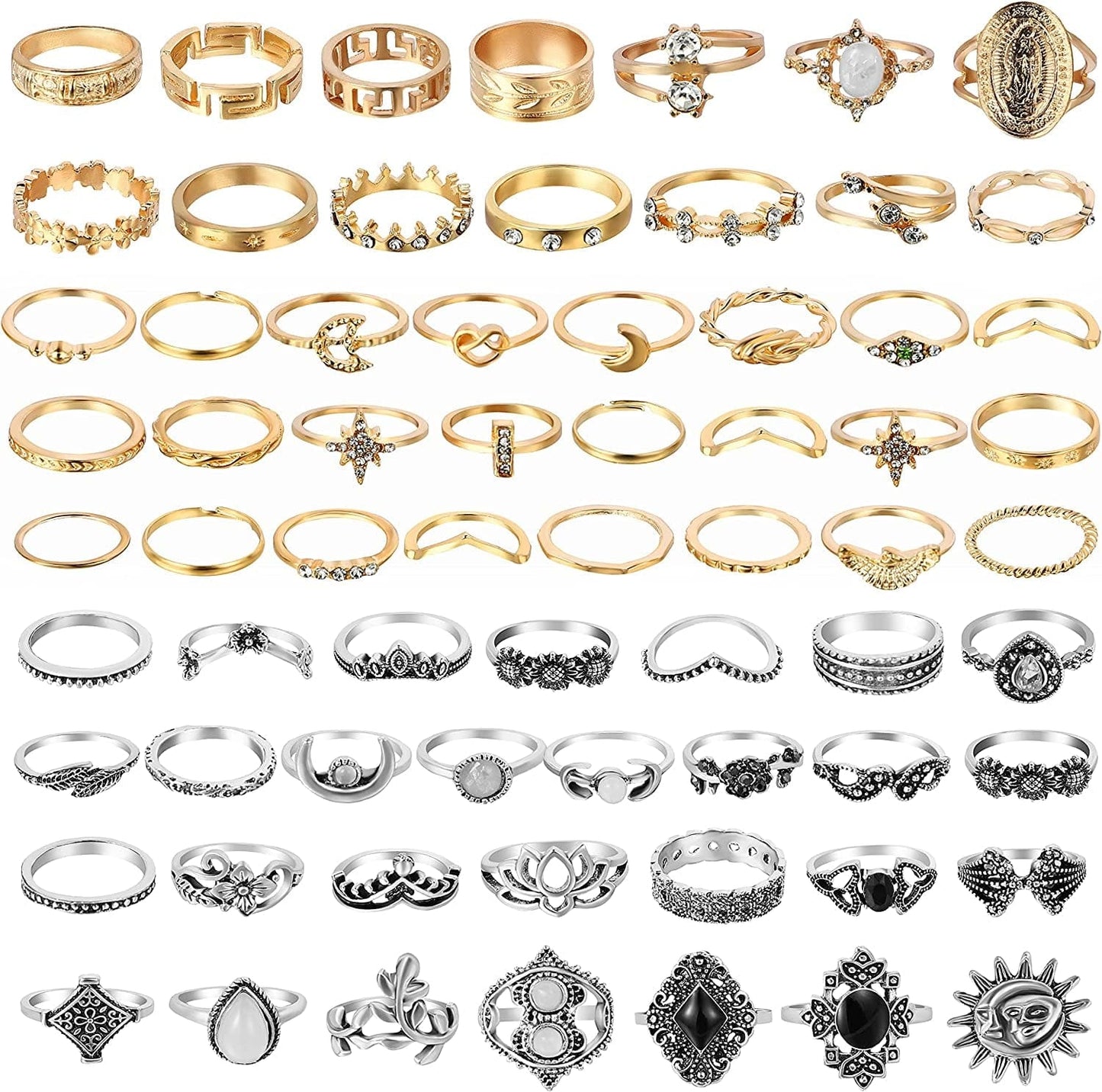 67Pcs Vintage Knuckle Rings Set Stackable Finger Rings Midi Rings for Women Bohemian Hollow Carved Flowers Gold&Silver Rings Crystal Joint Rings with Storage Bag A: 67Pcs Gold&Silver