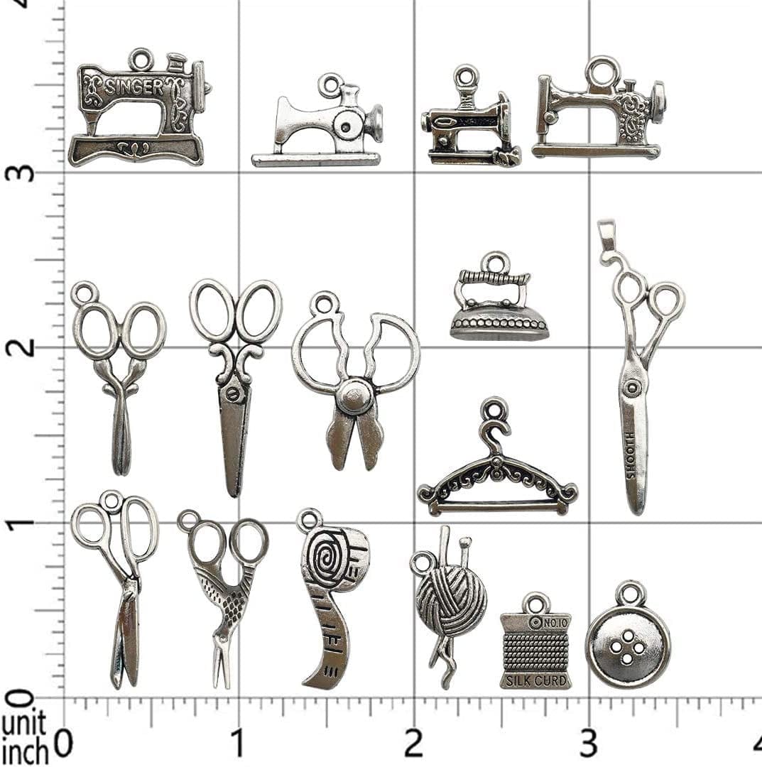 68 PCS Silver Sewing Charms Collection - Mix Antique Scissor Pipe Yarn Clew Button Pendant Metal Supplies Findings for Jewelry Making (HM3)