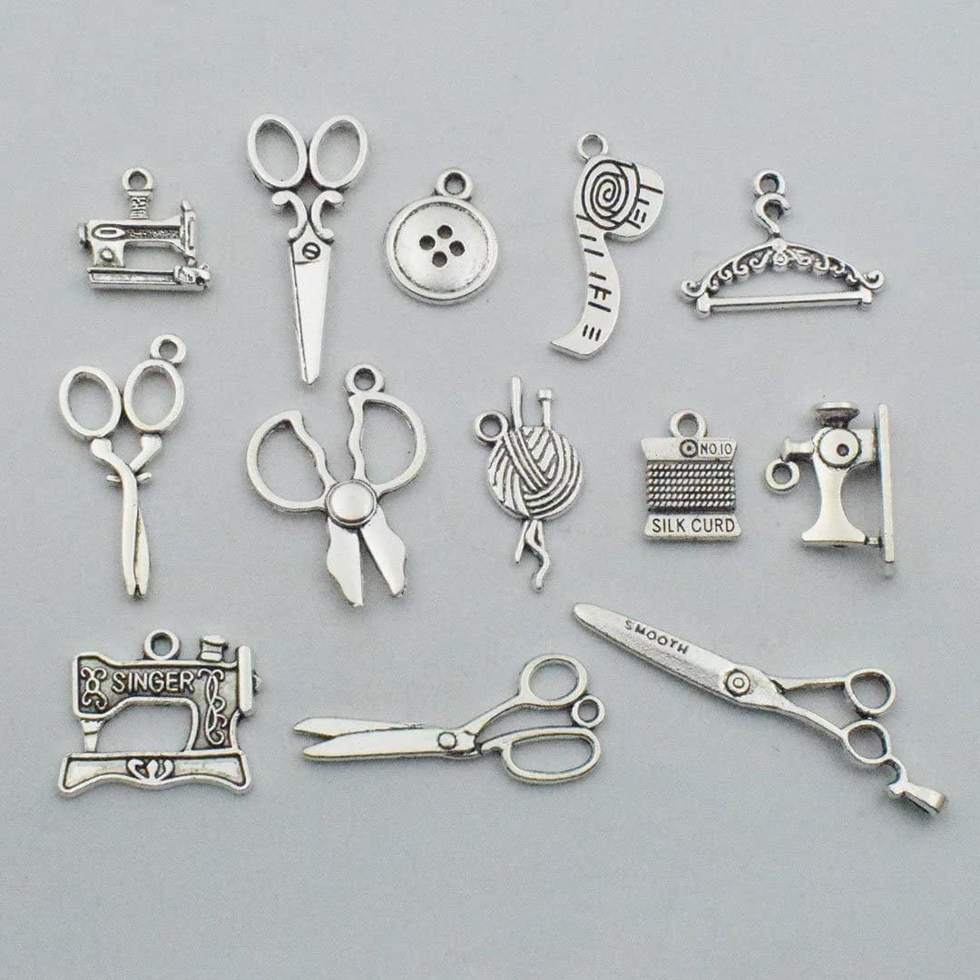 68 PCS Silver Sewing Charms Collection - Mix Antique Scissor Pipe Yarn Clew Button Pendant Metal Supplies Findings for Jewelry Making (HM3)
