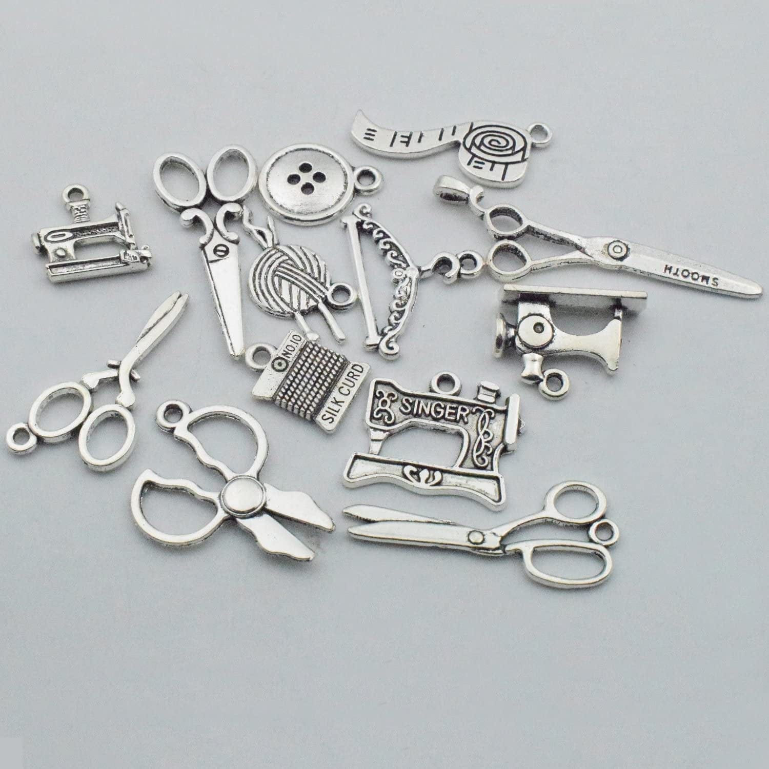 68 PCS Silver Sewing Charms Collection - Mix Antique Scissor Pipe Yarn Clew Button Pendant Metal Supplies Findings for Jewelry Making (HM3)