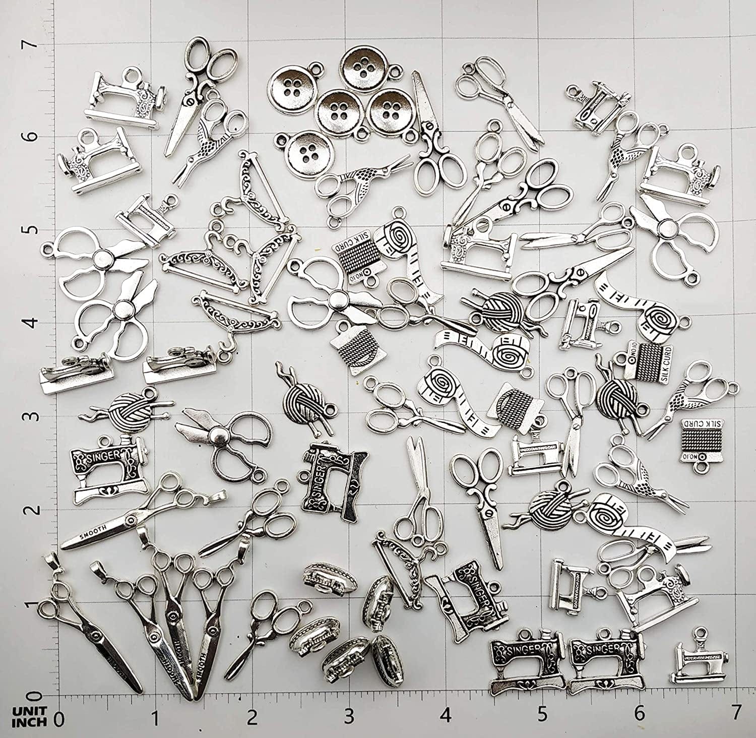 68 PCS Silver Sewing Charms Collection - Mix Antique Scissor Pipe Yarn Clew Button Pendant Metal Supplies Findings for Jewelry Making (HM3)