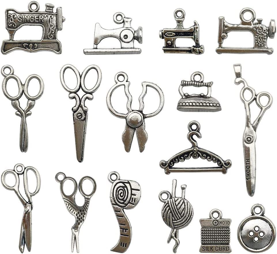 68 PCS Silver Sewing Charms Collection - Mix Antique Scissor Pipe Yarn Clew Button Pendant Metal Supplies Findings for Jewelry Making (HM3) Sewing Charms