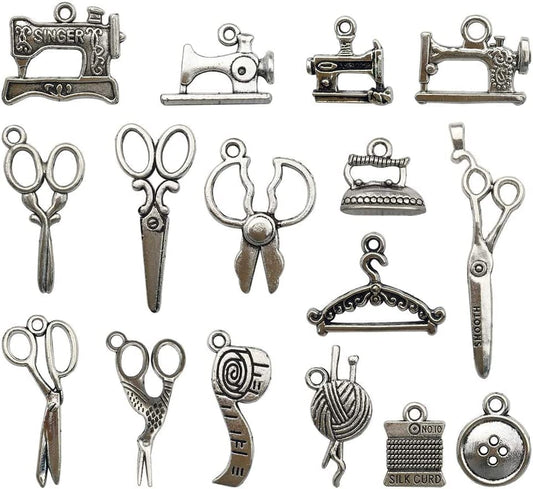 68 PCS Silver Sewing Charms Collection - Mix Antique Scissor Pipe Yarn Clew Button Pendant Metal Supplies Findings for Jewelry Making (HM3) Sewing Charms