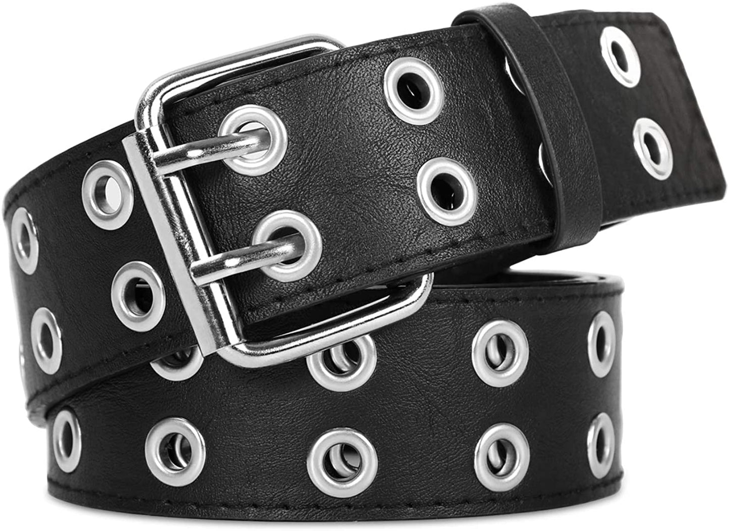 Double Grommet PU Leather Belt for Women/Men Punk Metal Jean Belt Wide 1.5 Inch Apparel & Accessories > Clothing Accessories > Belts XZQTIVE 01 Black Fit Pants 47-53inch