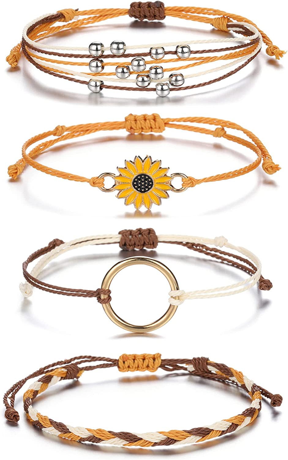 Top Plaza 4 Pcs Summer Surfer Wave Anklet Bracelets for Women Adjustable Strand Braided String Rope Bracelets Sunflower Friendship Bracelets Ocean Beach Jewelry for Women Teen Girls Apparel & Accessories > Jewelry > Anklets Top Plaza Brown Yellow -4 Pcs