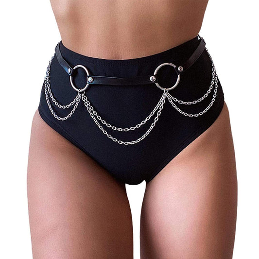 Reetan Punk Leather Body Chains Black Waist Chain Layered Nightclub Ring Belt Belly Chains Rave Party Body Jewelry Accessories for Women and Girls (A) Apparel & Accessories > Jewelry > Body Jewelry REETAN A