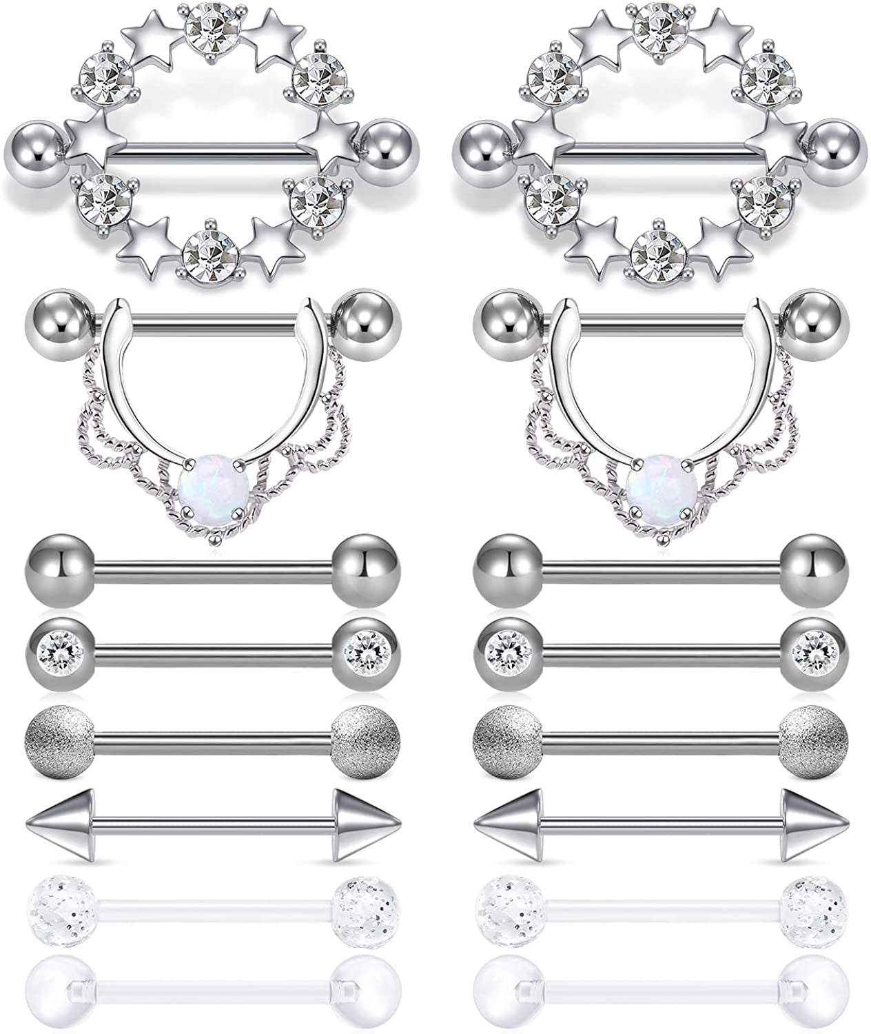LAURITAMI Nipple Rings for Women Nipple Piercing Jewelry 14G Nipple Rings Surgical Steel Nipple Jewelry Straight Barbell Tongue Rings for Women CZ Nipplering Piercing Jewelry Set Apparel & Accessories > Jewelry > Body Jewelry LAURITAMI B -silver