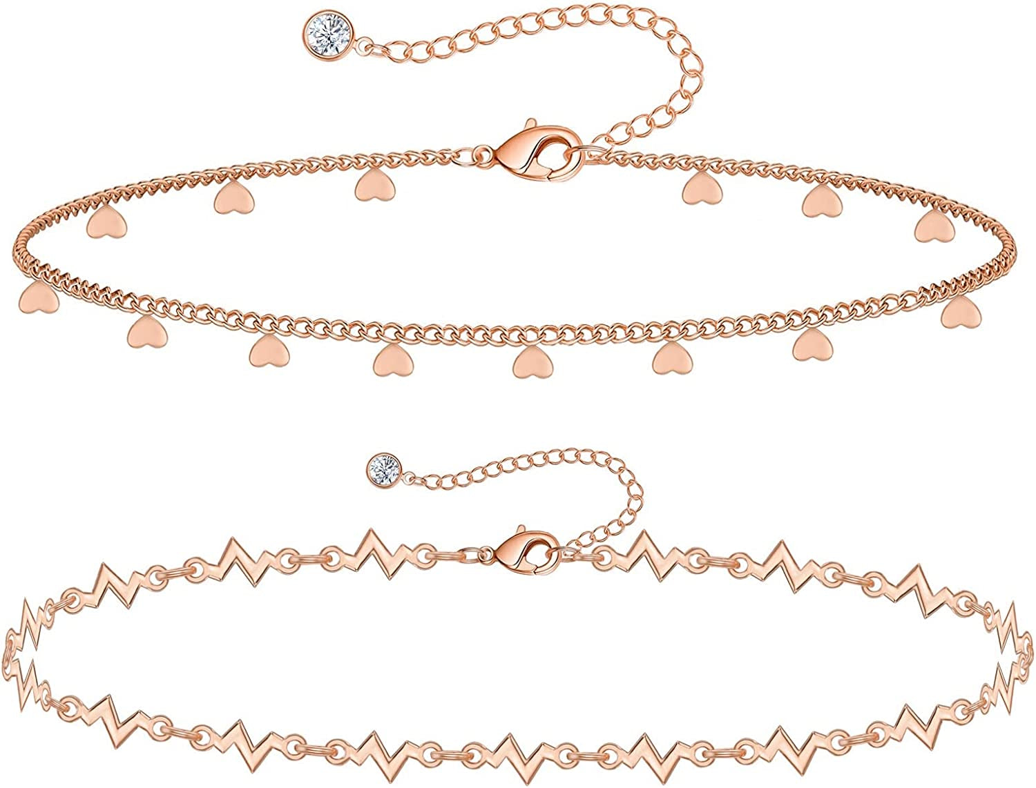 Gold Ankle Bracelets for Women 14K Gold Plated Anklet Silver Tennis Rose Quartz Cross Bead Herringbone Snake Paperclip Chain Cubic Zirconia Dainty Layered Anklet Set 3Pcs Apparel & Accessories > Jewelry > Anklets WeSparking ZL-Rose Gold-Heart Chain