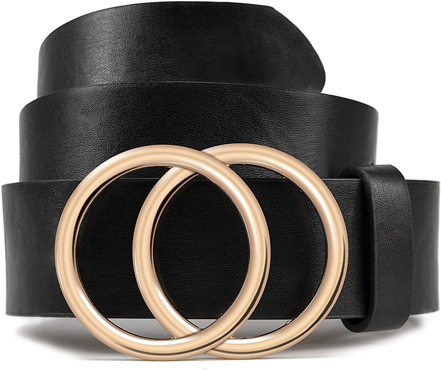 Women Leather Belt for Jeans Dress Waist Belts with Double Ring Buckle by LOKLIK Apparel & Accessories > Clothing Accessories > Belts LOKLIK Black Gold Buckle S(2-4)fit waist from 29''-34''