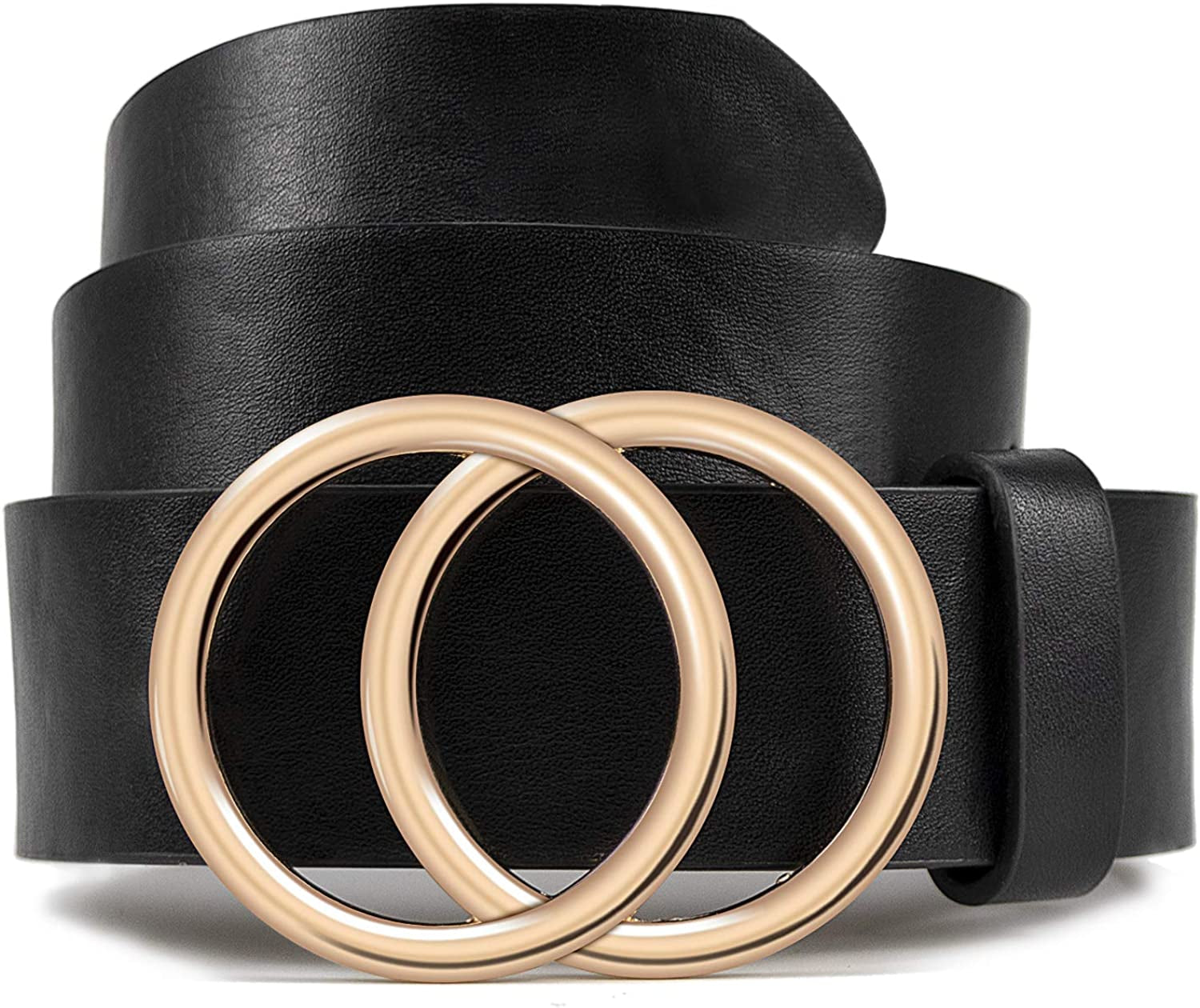 Women Leather Belt for Jeans Dress Waist Belts with Double Ring Buckle by LOKLIK Apparel & Accessories > Clothing Accessories > Belts LOKLIK Black Gold Buckle S(2-4)fit waist from 29''-34''