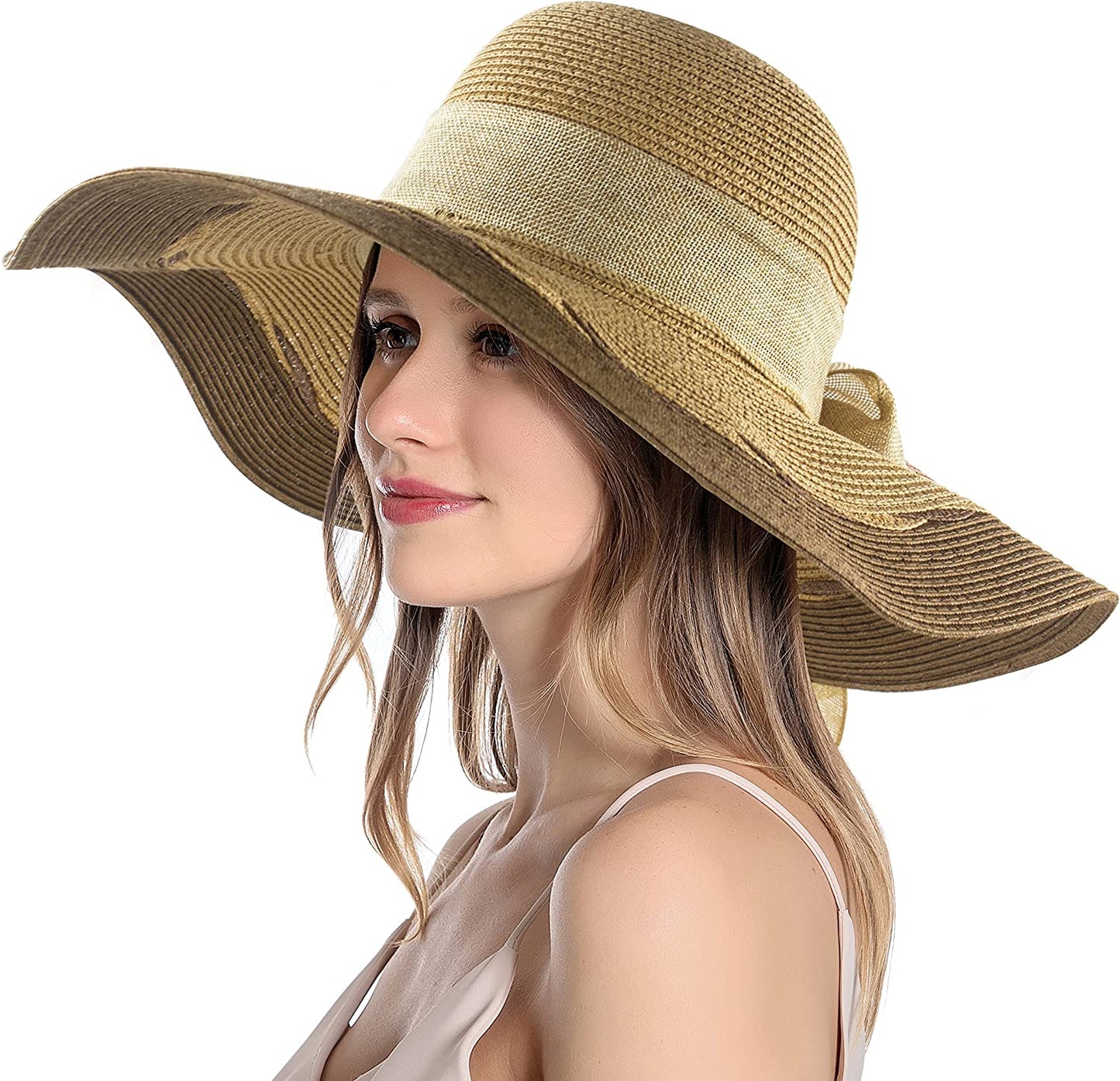 Muryobao Womens Sun Straw Hat Wide Brim UV UPF 50 Summer Hat Foldable Roll up Floppy Beach Cap for Women Apparel & Accessories > Clothing Accessories > Hats Muryobao Khaki-brown Mix