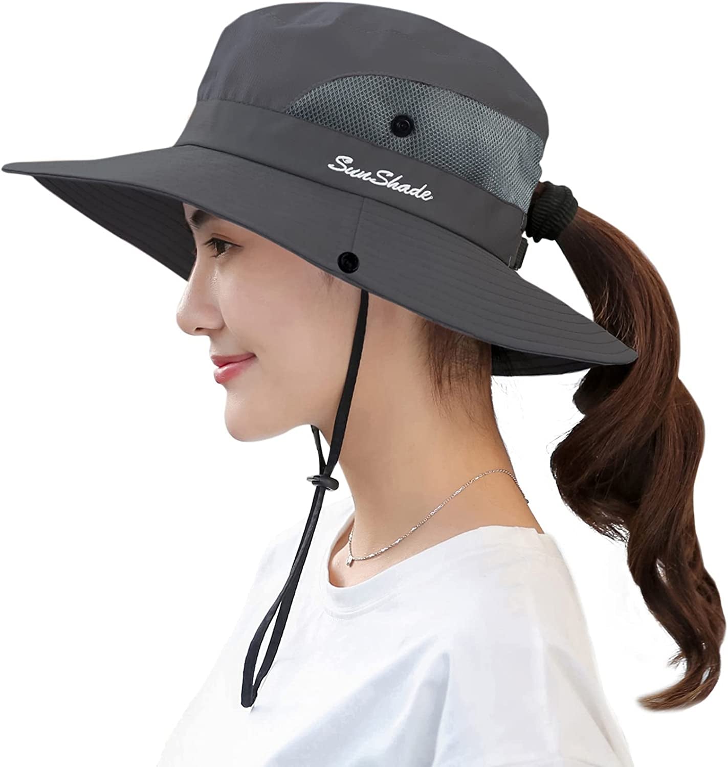 Muryobao Women'S Ponytail Sun Hat UV Protection Foldable Mesh Wide Brim Beach Fishing Hat Apparel & Accessories > Clothing Accessories > Hats Muryobao Pure Grey