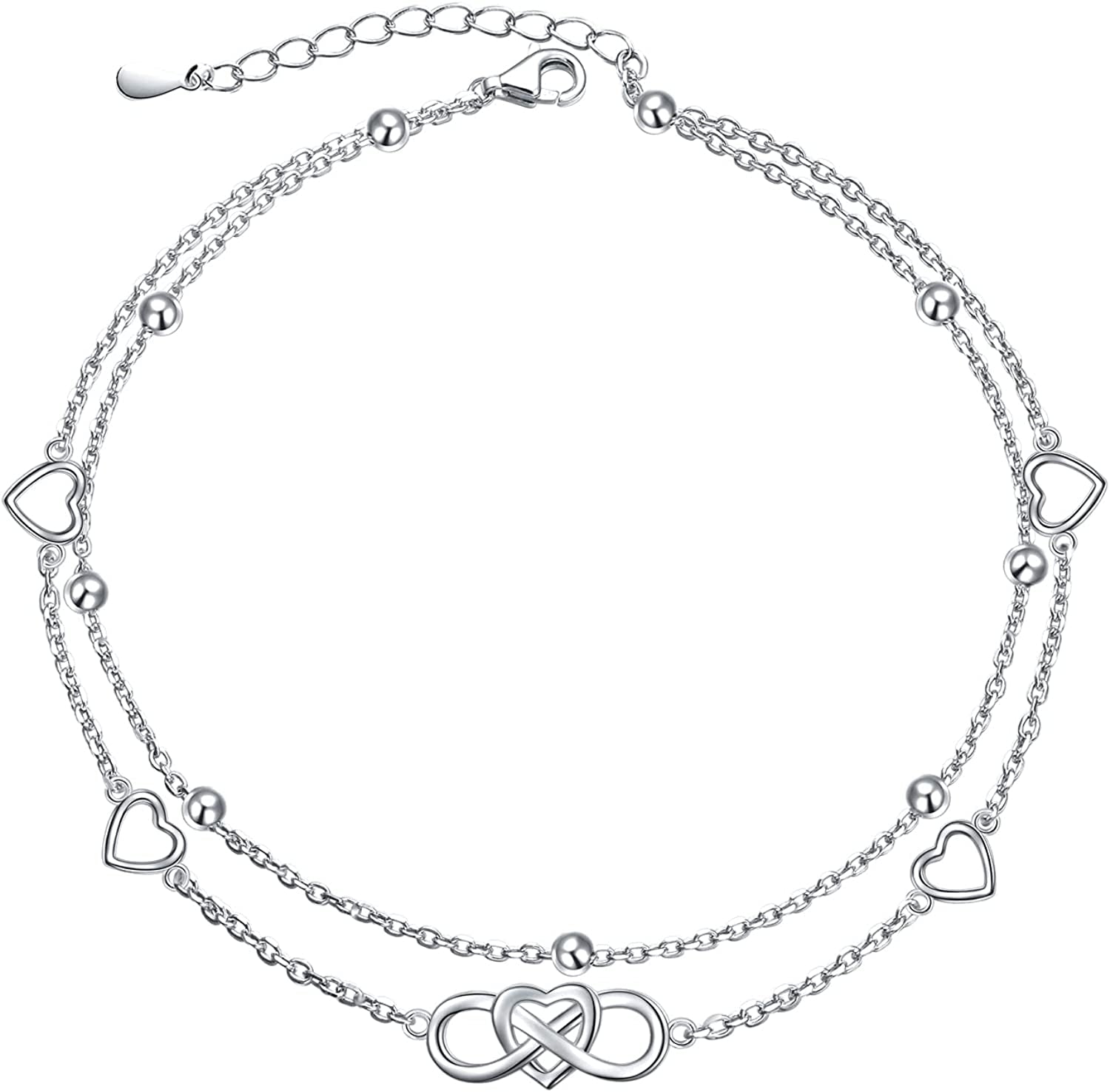 Flyow Anklet for Women S925 Sterling Silver Adjustable Foot Beaded Infinity/Heart/Angel Wing/Turtle Ankle Bracelet Anklets Jewelry Gift Apparel & Accessories > Jewelry > Anklets Silver Light Jewelry 5 heart infinity