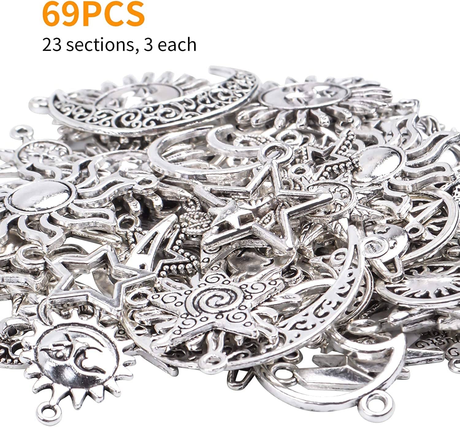69 Pieces Antique Silver Alloy Moon Star Sun Charms Pendants Celestial Pendants Jewelry Findings for Necklace Bracelet Jewelry Making, 23 Styles