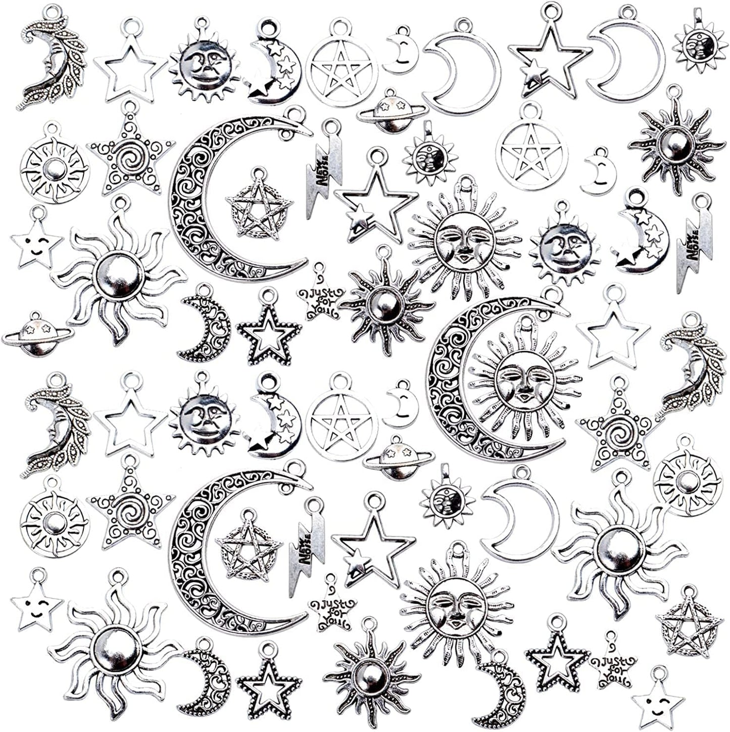 69 Pieces Antique Silver Alloy Moon Star Sun Charms Pendants Celestial Pendants Jewelry Findings for Necklace Bracelet Jewelry Making, 23 Styles