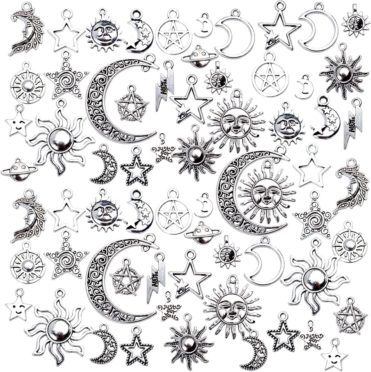 69 Pieces Antique Silver Alloy Moon Star Sun Charms Pendants Celestial Pendants Jewelry Findings for Necklace Bracelet Jewelry Making, 23 Styles